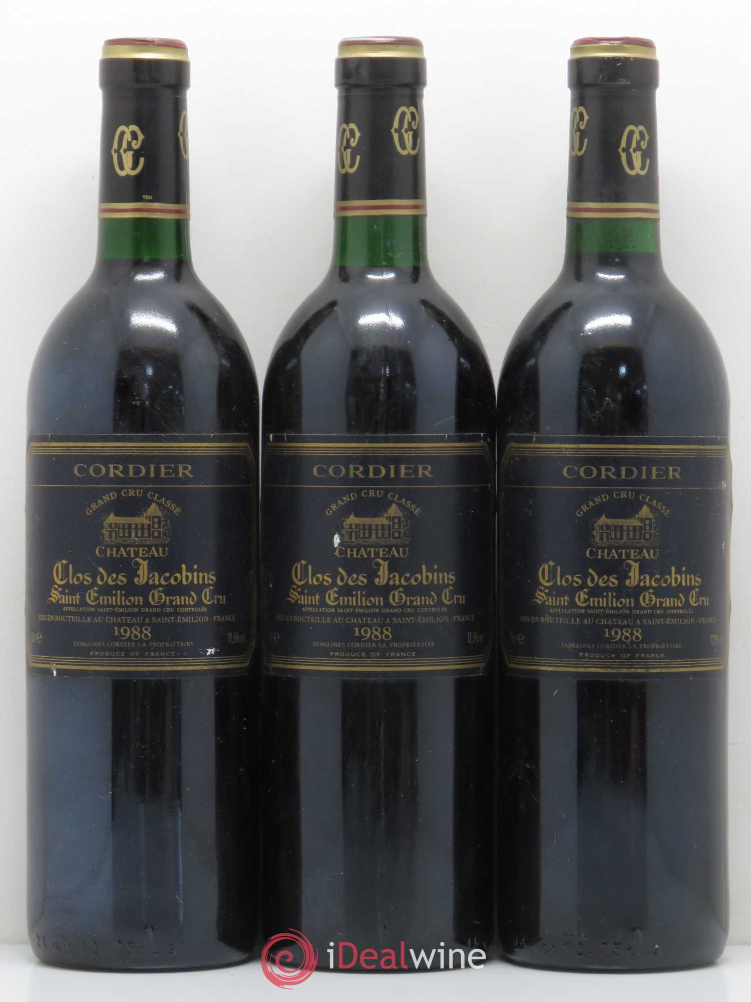 Château Clos des Jacobins Grand Cru Classé Cordier 1988 - Lot de 3 bouteilles - 0