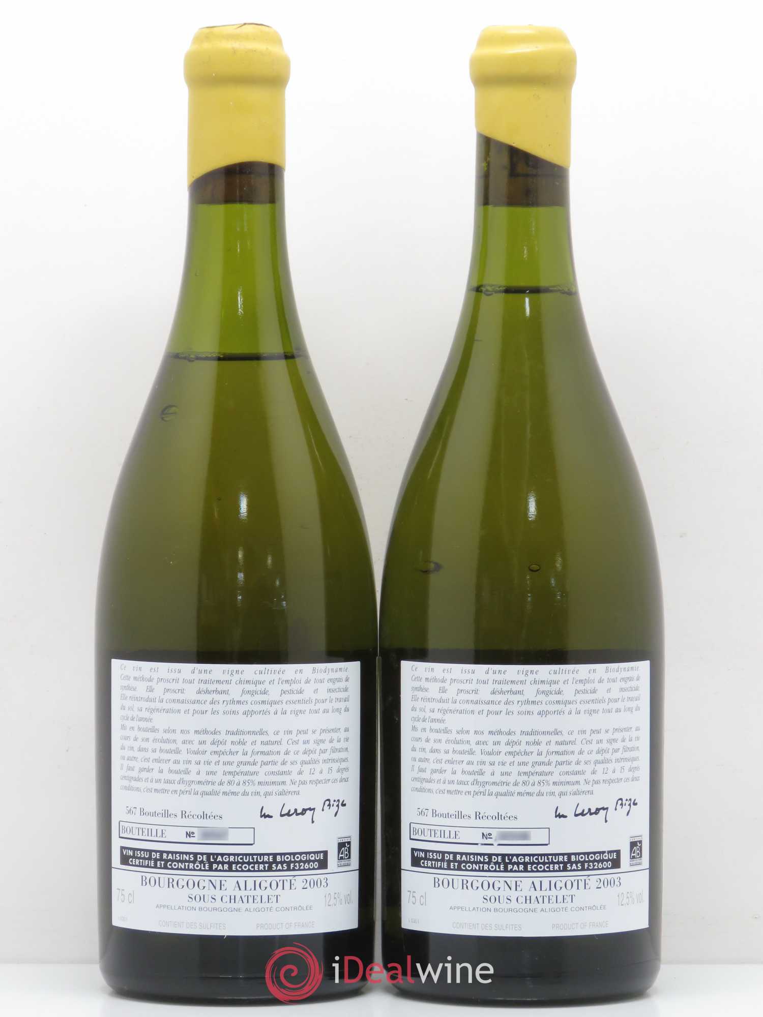 Bourgogne Aligoté Sous Chatelet d'Auvenay (Domaine) Sous Chatelet 2003 - Lot de 2 bouteilles - 1