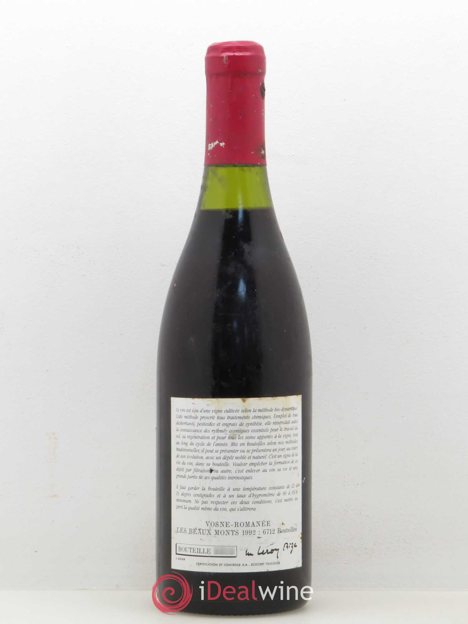 Vosne-Romanée 1er Cru Les Beaux-Monts Leroy (Domaine) 1992 - Lot de 1 bouteille - 1