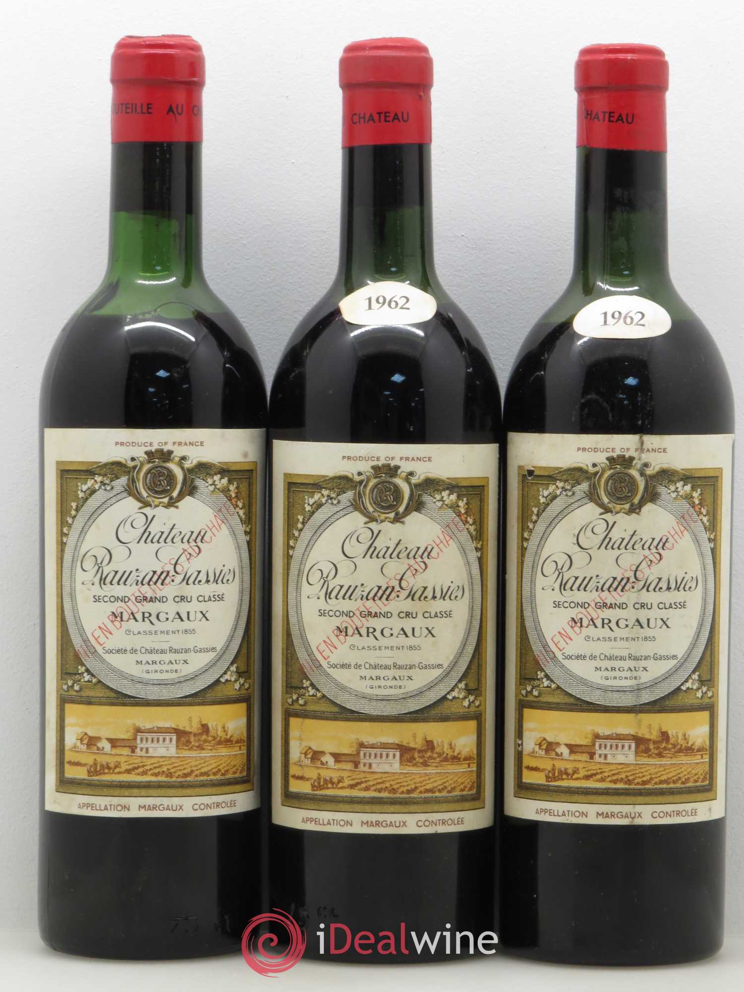 Château Rauzan-Gassies 2ème Grand Cru Classé 1962 - Lot de 3 bouteilles - 0