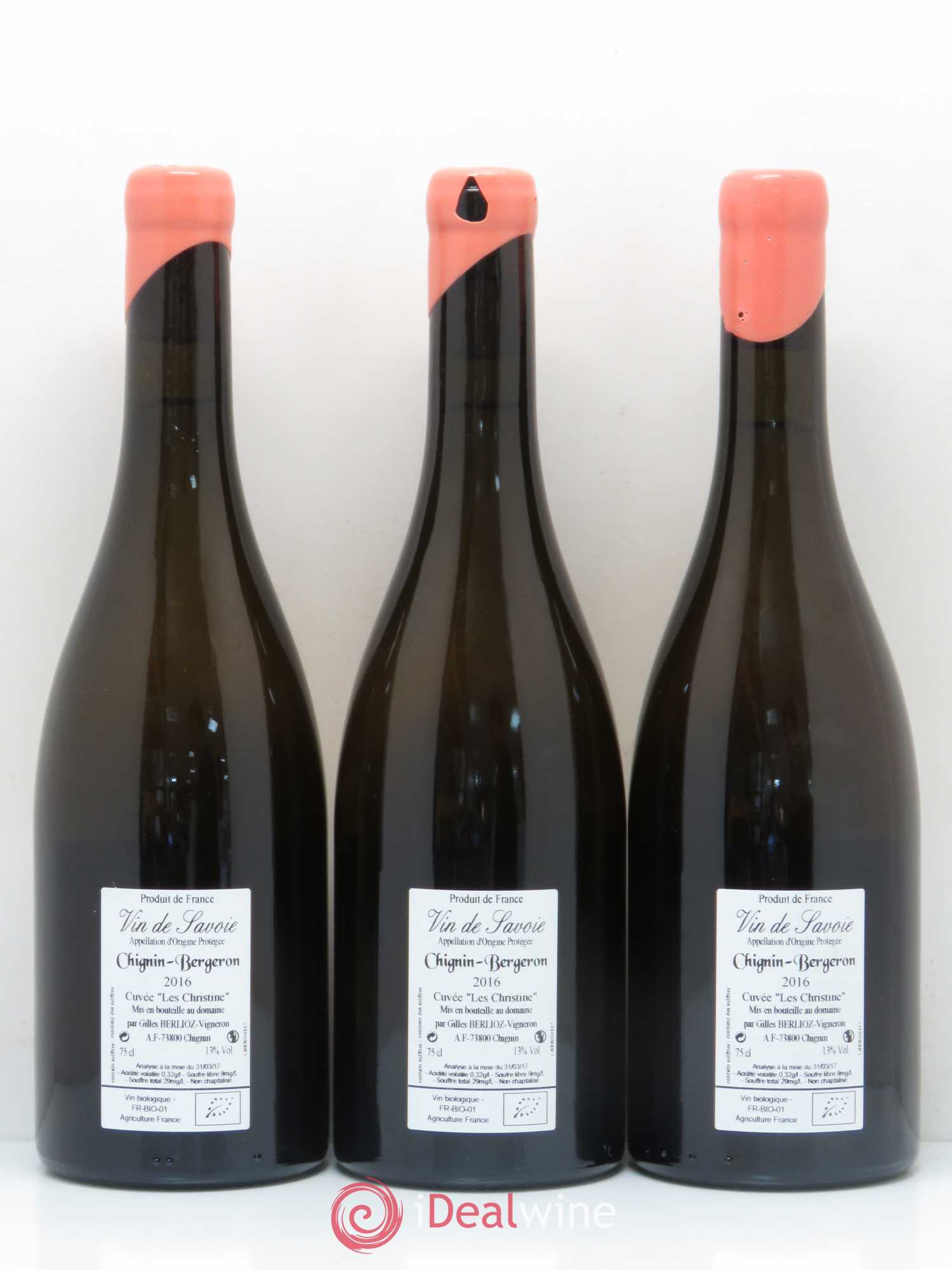 Vin de Savoie Chignin Gilles Berlioz Les Christine (sans prix de réserve) 2016 - Posten von 3 Flaschen - 1