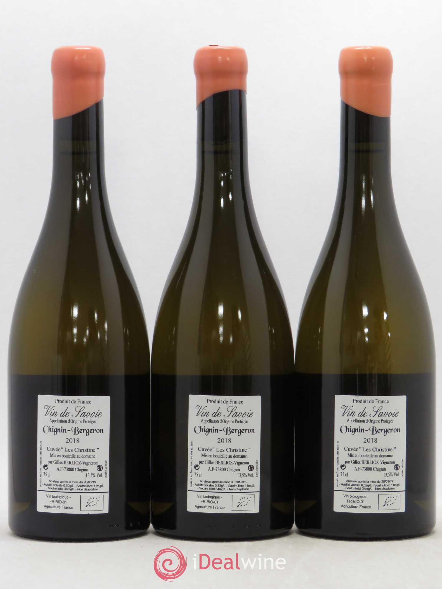 Vin de Savoie Chignin-Bergeron Les Christine Gilles Berlioz (sans prix de réserve) 2018 - Lot de 3 bouteilles - 1