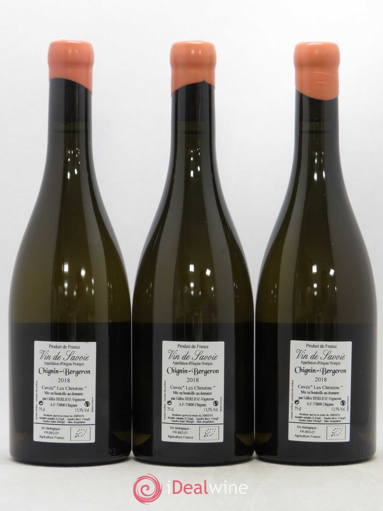Vin de Savoie Chignin-Bergeron Les Christine Gilles Berlioz (sans prix de réserve) 2018 - Lot de 3 bouteilles - 1