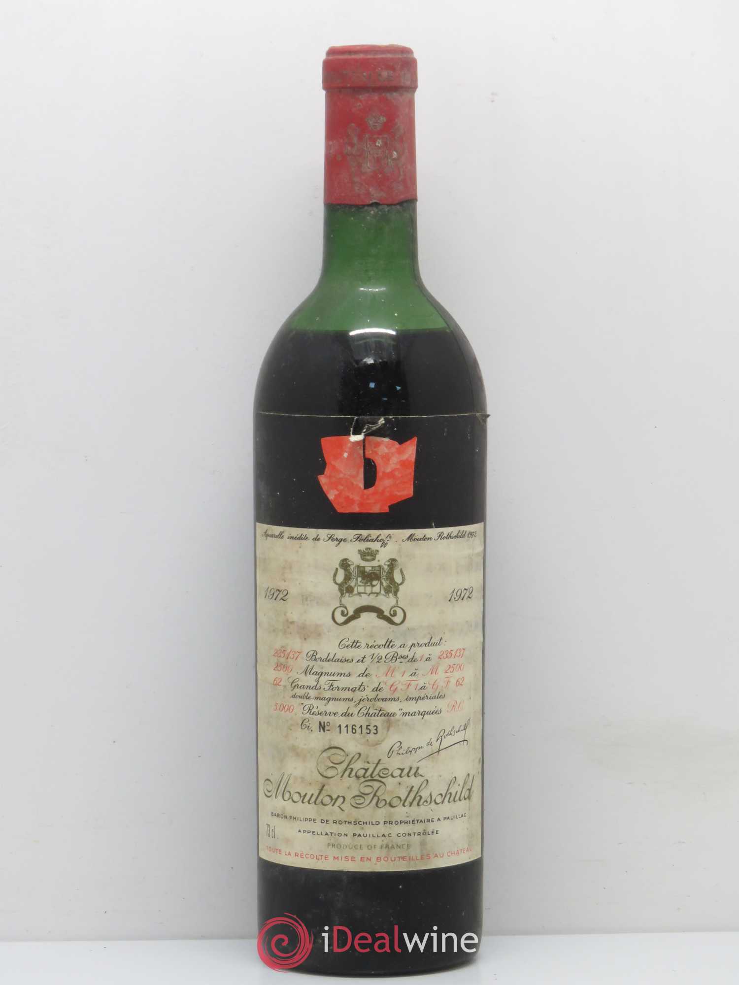 Château Mouton Rothschild 1er Grand Cru Classé 1972 - Lot de 1 bouteille - 0