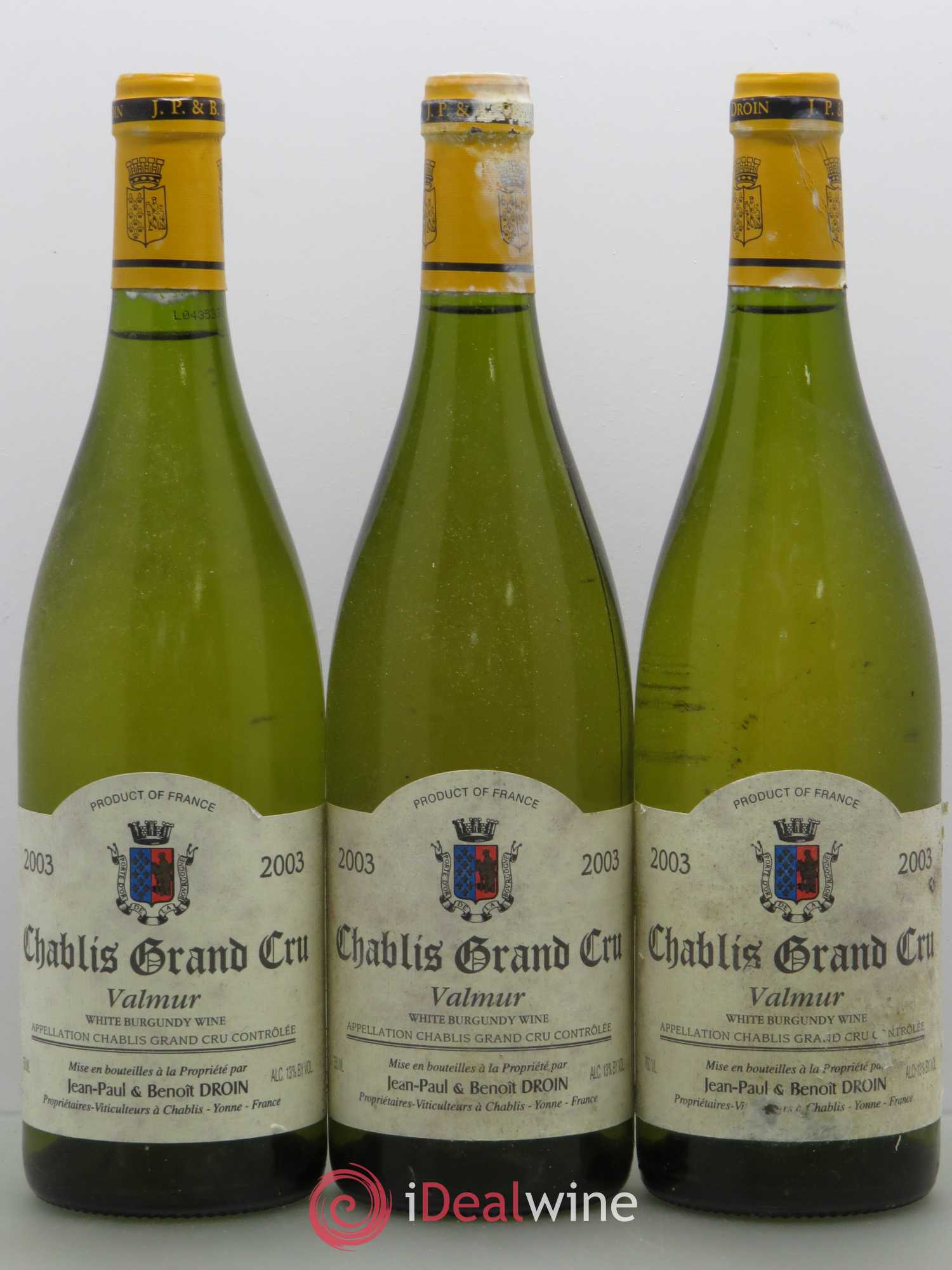 Chablis Grand Cru Valmur Jean-Paul & Benoît Droin (Domaine) (sans prix de réserve) 2003 - Lot de 3 bouteilles - 0