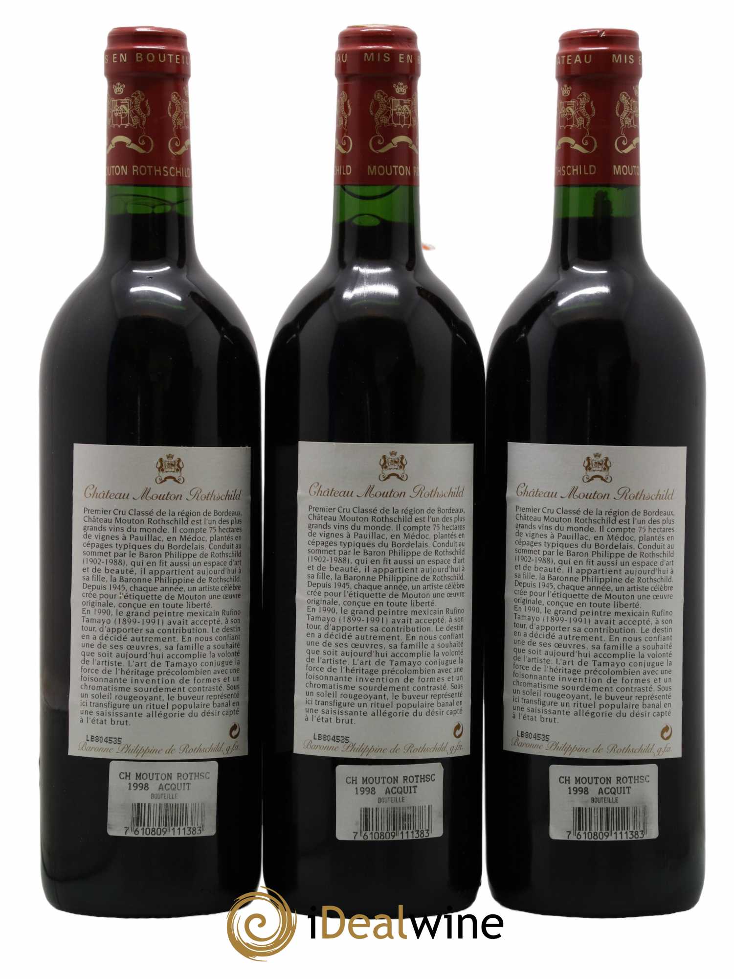 Château Mouton Rothschild 1er Grand Cru Classé 1998 - Lot de 3 bouteilles - 1