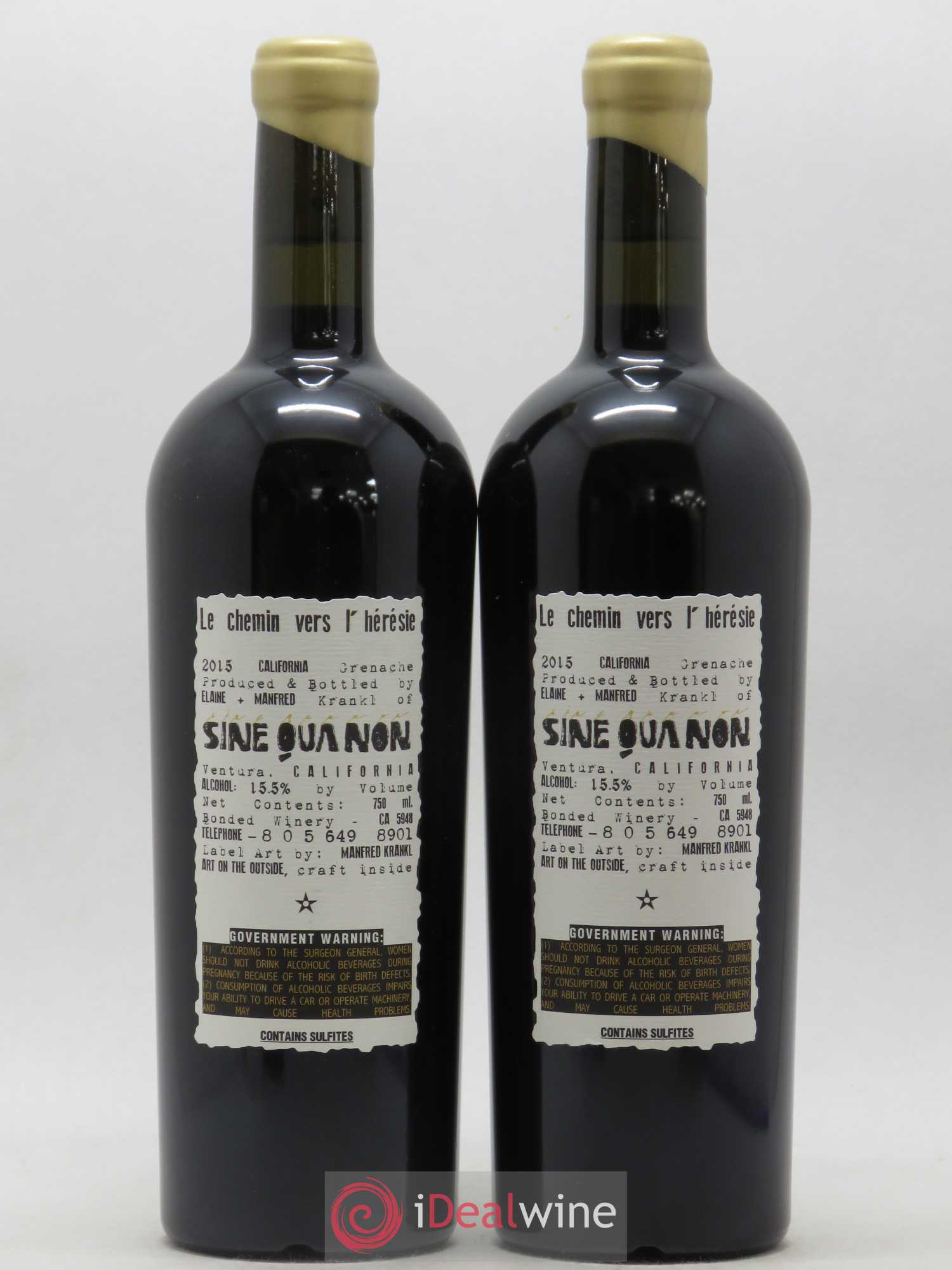 Santa Barbara Sine Qua Non Le Chemin vers l'Hérésie Manfred Krankl California 2015 - Lot de 2 bouteilles - 1