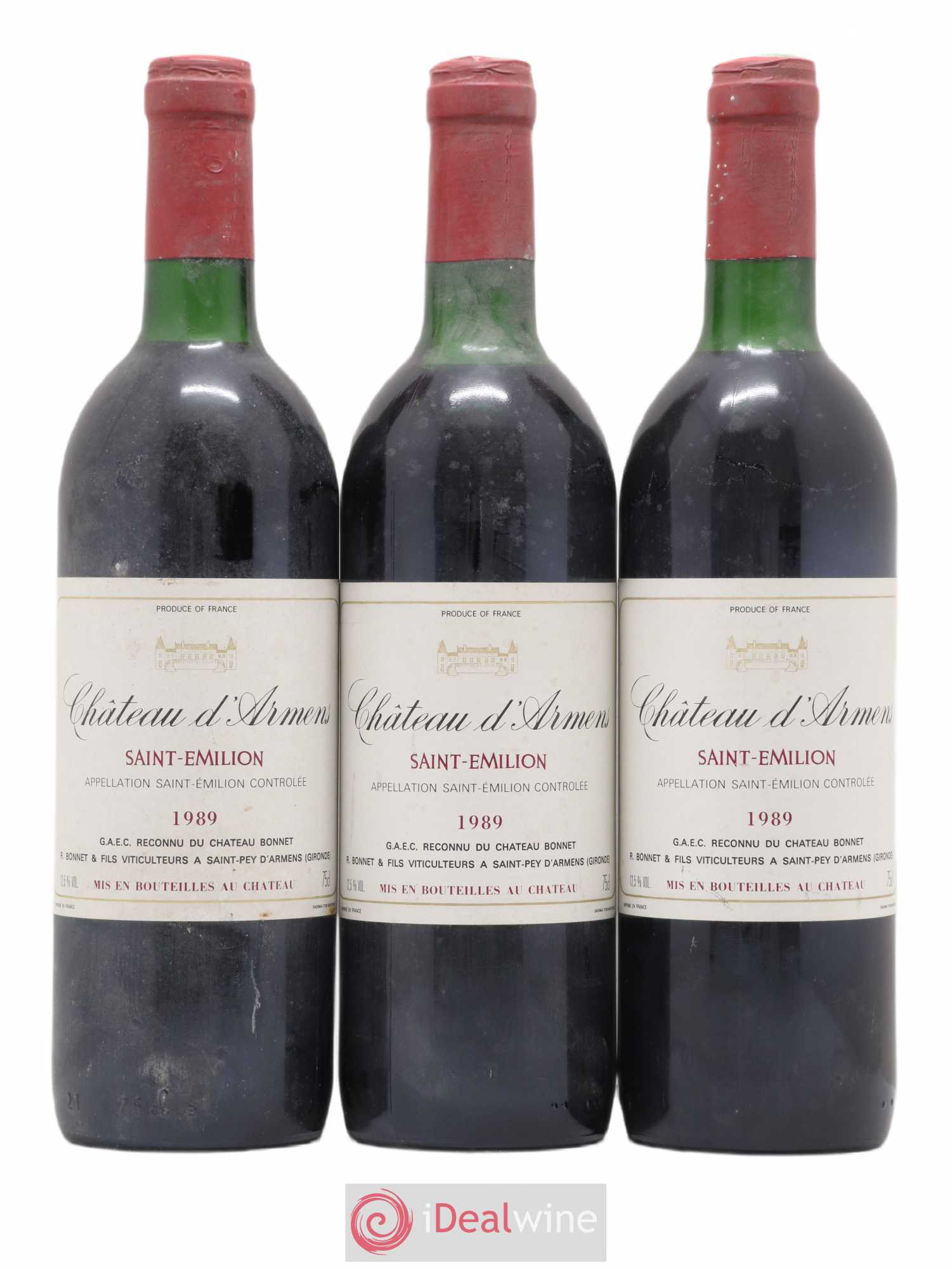Saint-Émilion Château d'Armens 1989 - Lot de 3 bouteilles - 0