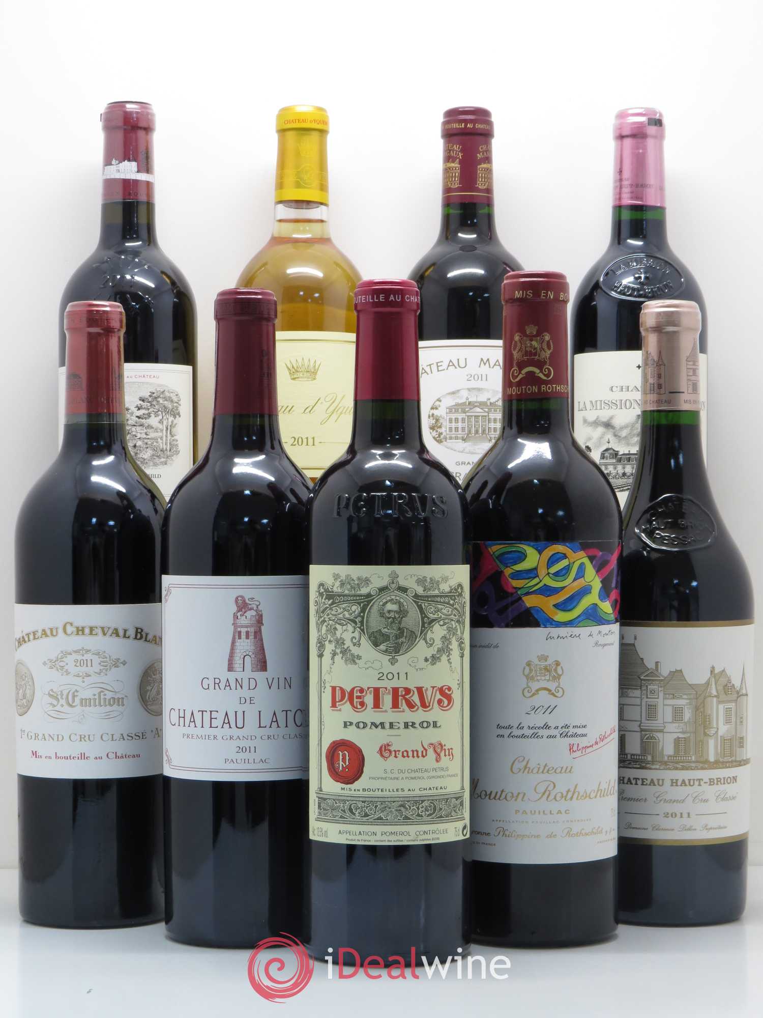Caisse Duclot Petrus - Haut Brion - Lafite Rothschild - Mouton Rothschild - La Mission Haut Brion - Latour - Margaux - Cheval Blanc - Yquem 2011 - Posten von 9 Flaschen - 10