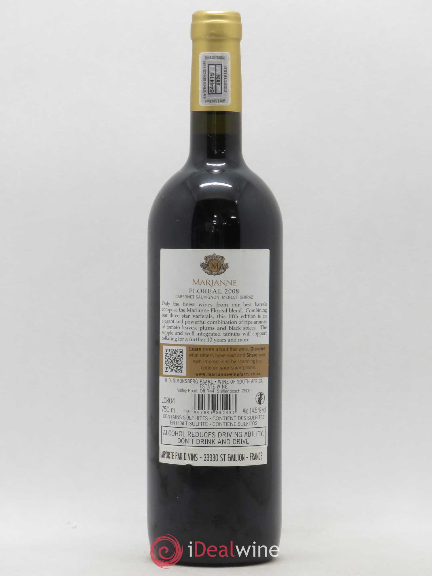 Vins Etrangers Afrique du Sud Floréal Marianne Wine Estate  2008 - Lot de 1 bouteille - 1