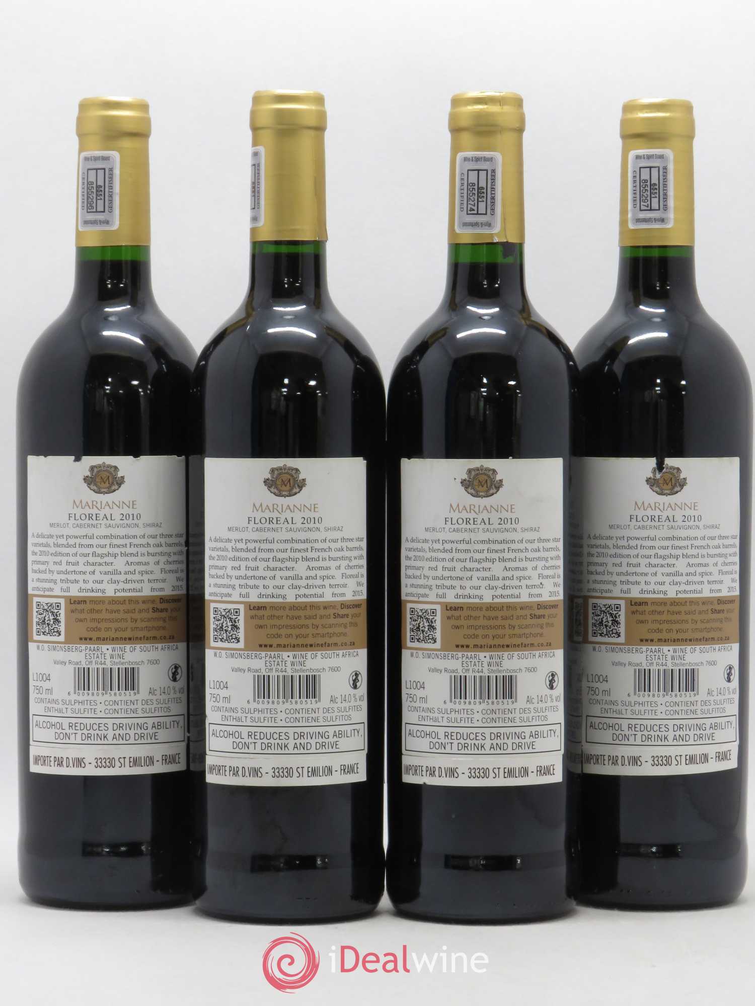 Vins Etrangers Afrique du Sud Floréal Marianne Wine Estate 2010 - Lot de 4 bouteilles - 1