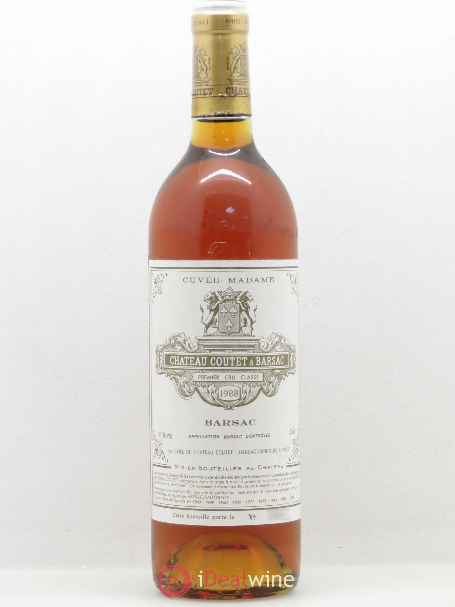 Château Coutet - Cuvée Madame 1er Grand Cru Classé 1988 - Lotto di 1 bottiglia - 0