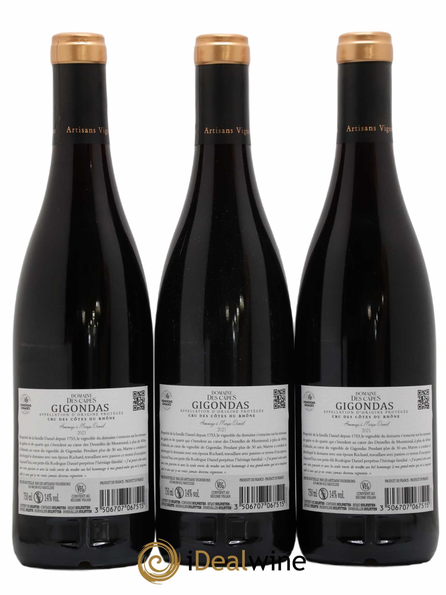 Gigondas Hommage à Maryse Daniel  Domaine des Capes 2021 - Lot de 3 bouteilles - 1