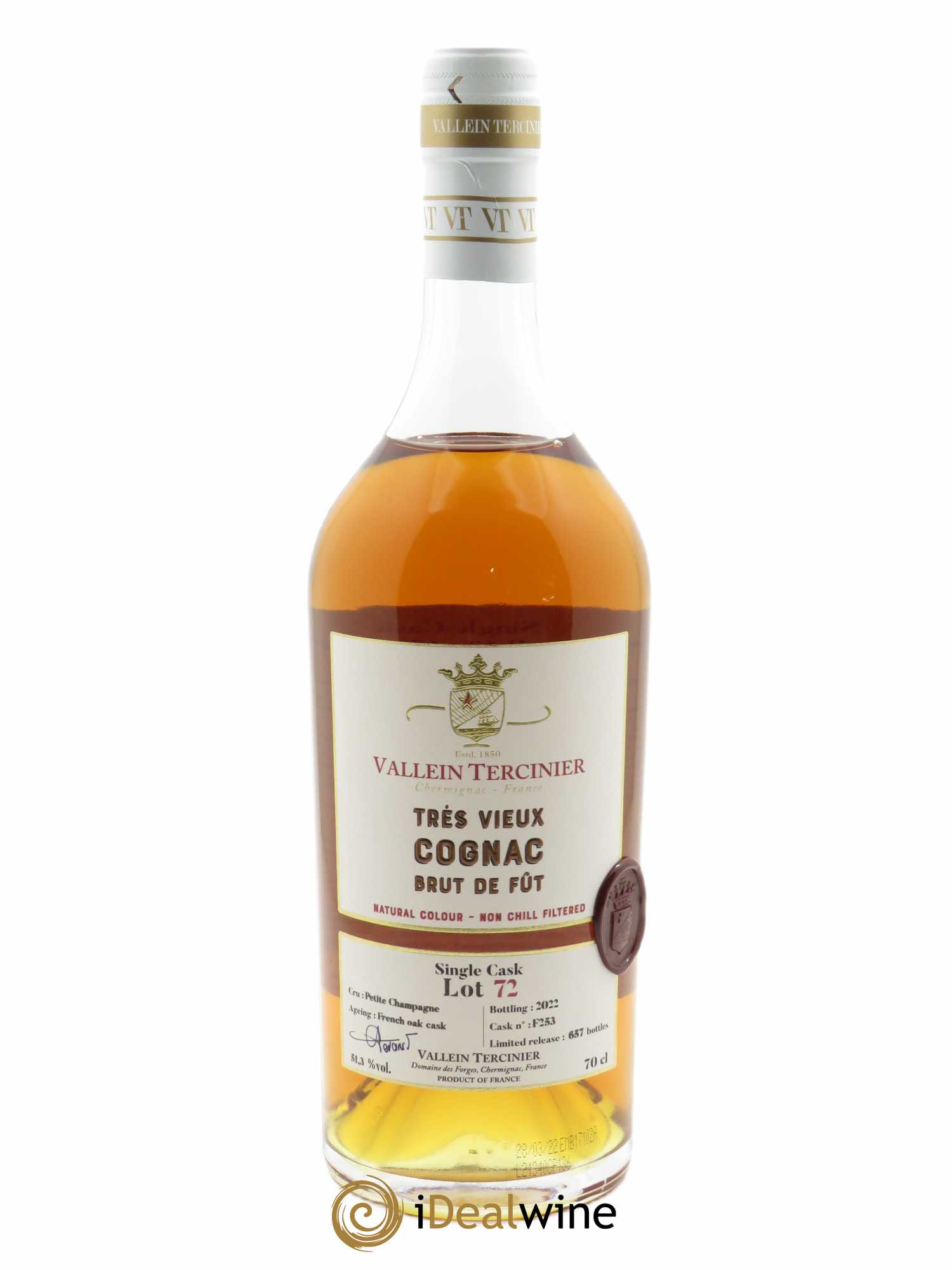 Cognac Vallein Tercinier Lot 72 Petite Champagne (70cl) - Lot de 1 bouteille - 1