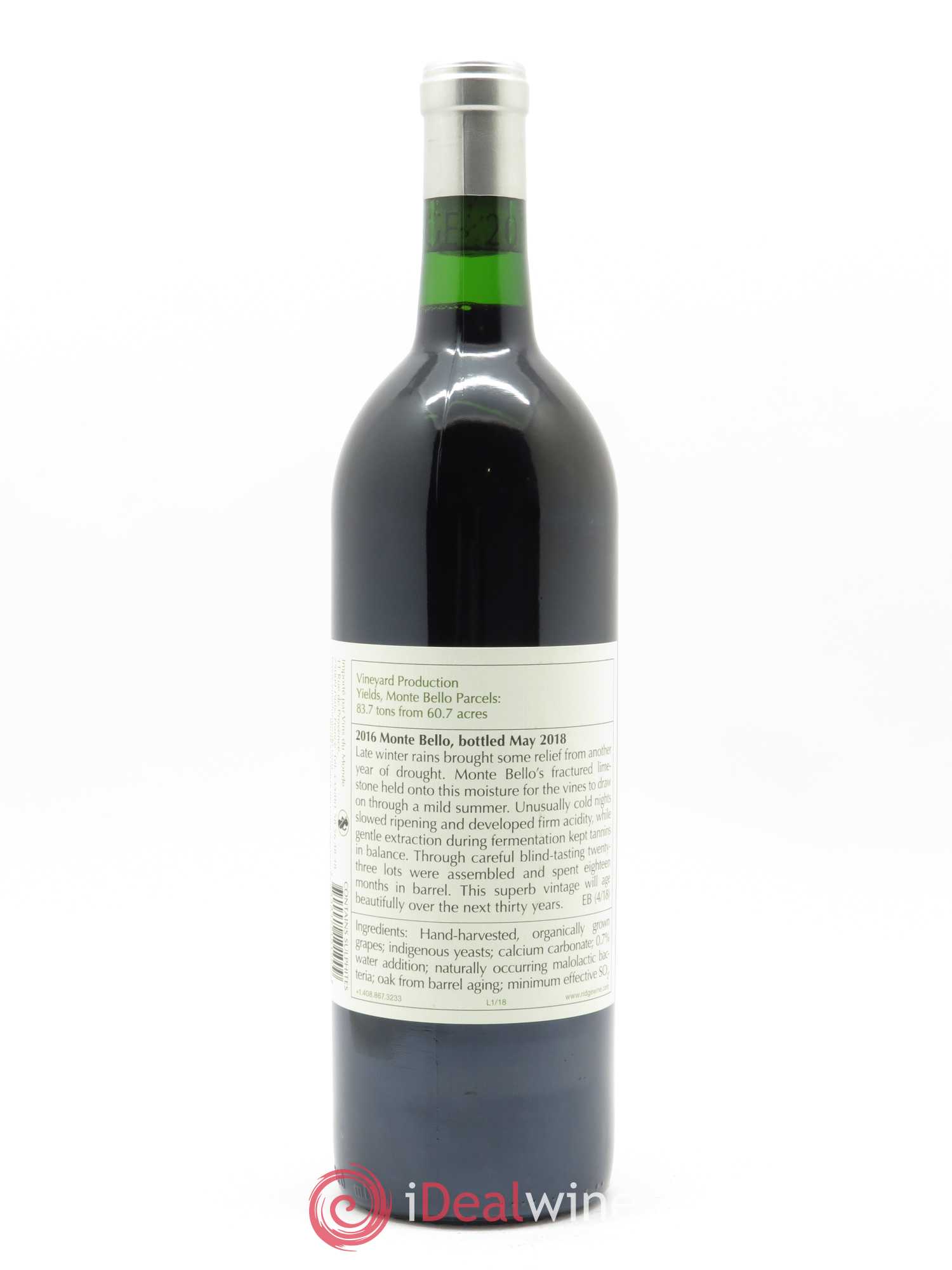 Santa Cruz Mountains Monte Bello Ridge Vineyards 2016 - Lot de 1 bouteille - 1