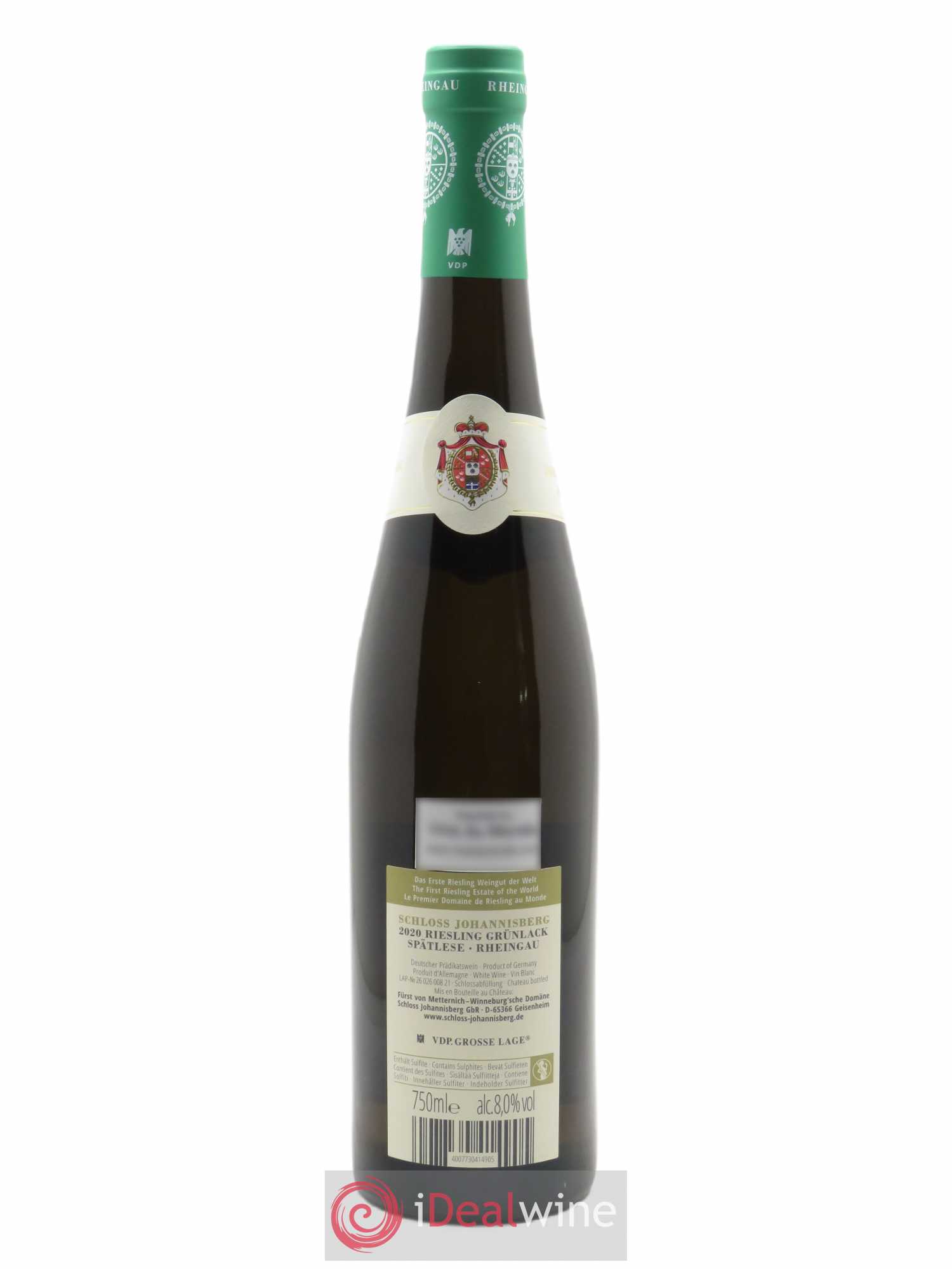 Rheingau Schloss Johannisberg Grünlack Spätlese 2020 - Lot de 1 bouteille - 1