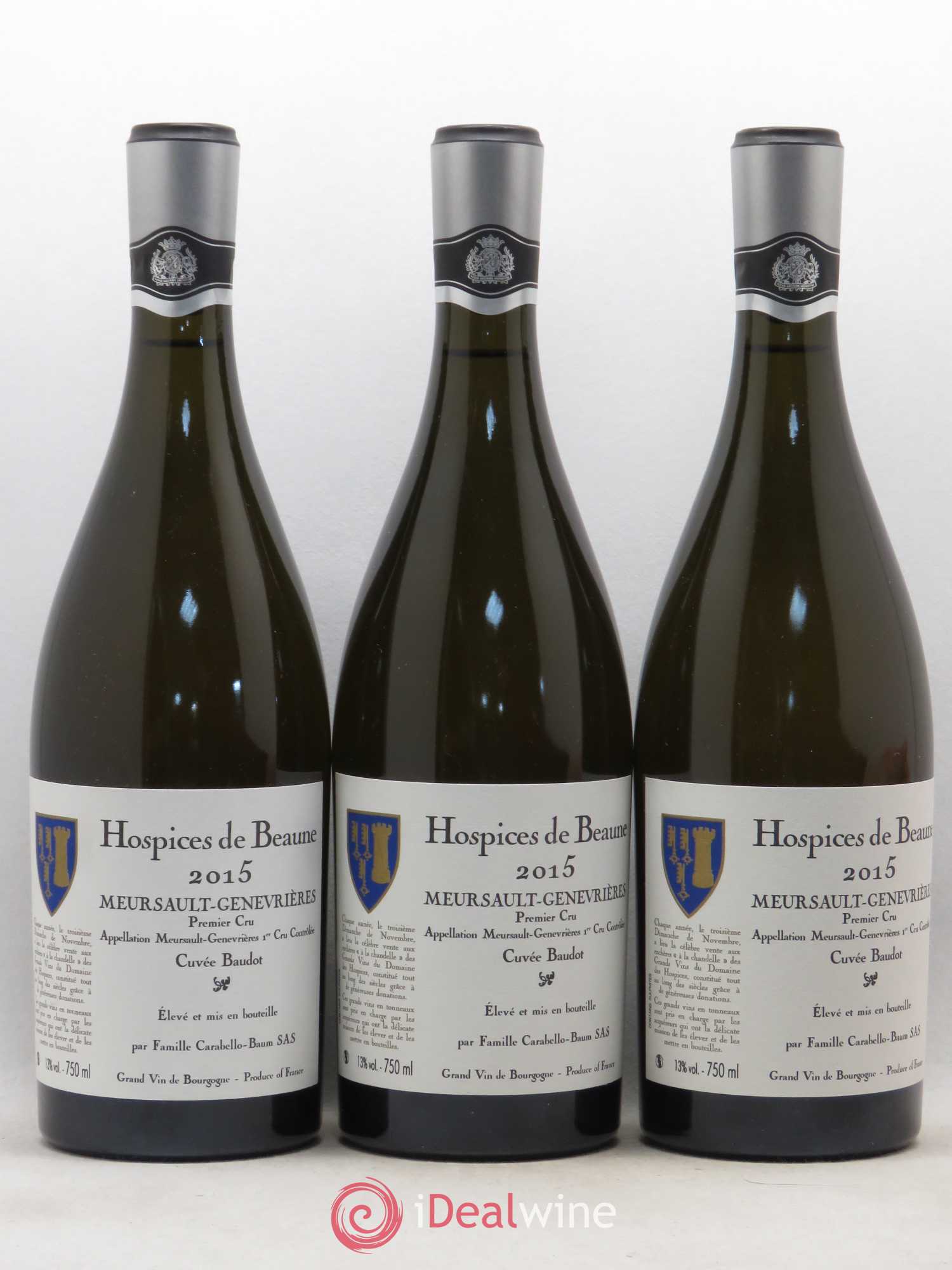 Meursault 1er Cru Genevrières Cuvée Baudot Hospices de Beaune Carabello-Baum SAS 2015 - Posten von 3 Flaschen - 0