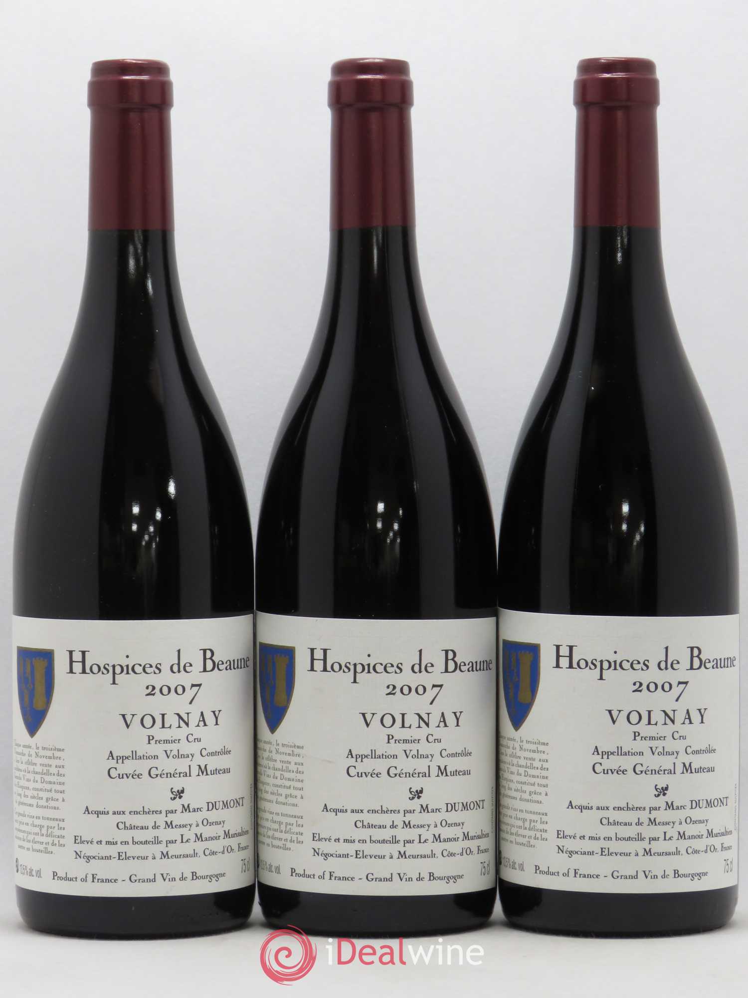 Volnay 1er Cru Cuvée Général Muteau Hospices de Beaune Manoir Murisaltien 2007 - Lotto di 3 bottiglie - 0
