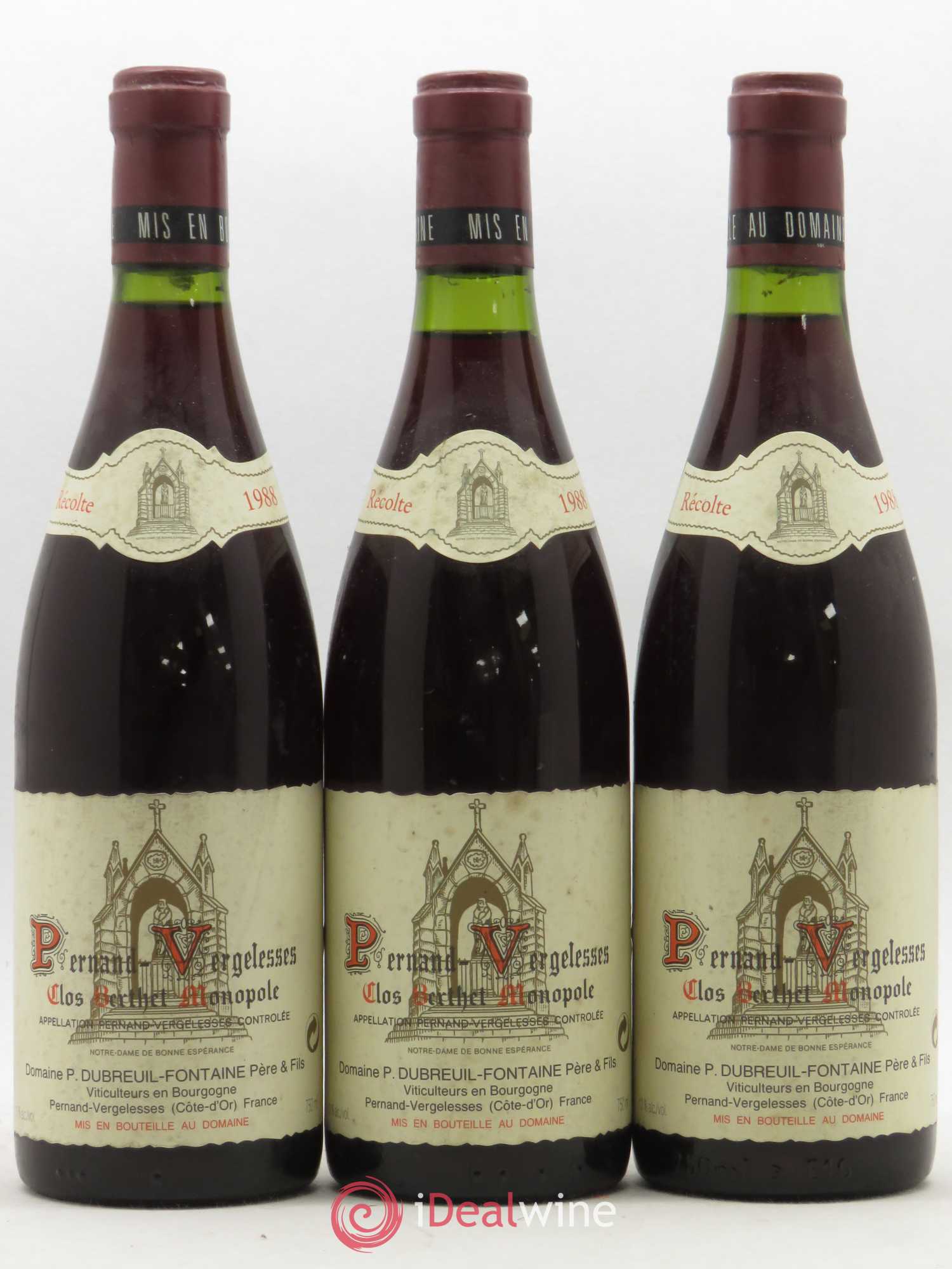 Pernand-Vergelesses Clos Berthet Monopole Dubreuil-Fontaine 1988 - Posten von 3 Flaschen - 0