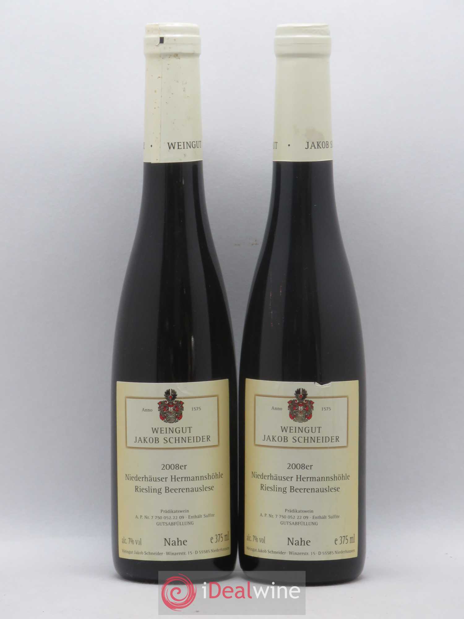 Allemagne Nahe Riesling Beerenauslese Niederhäuser Hermannshöhle J. Schneider 2008 - Posten von 2 Demi-Flaschen - 0
