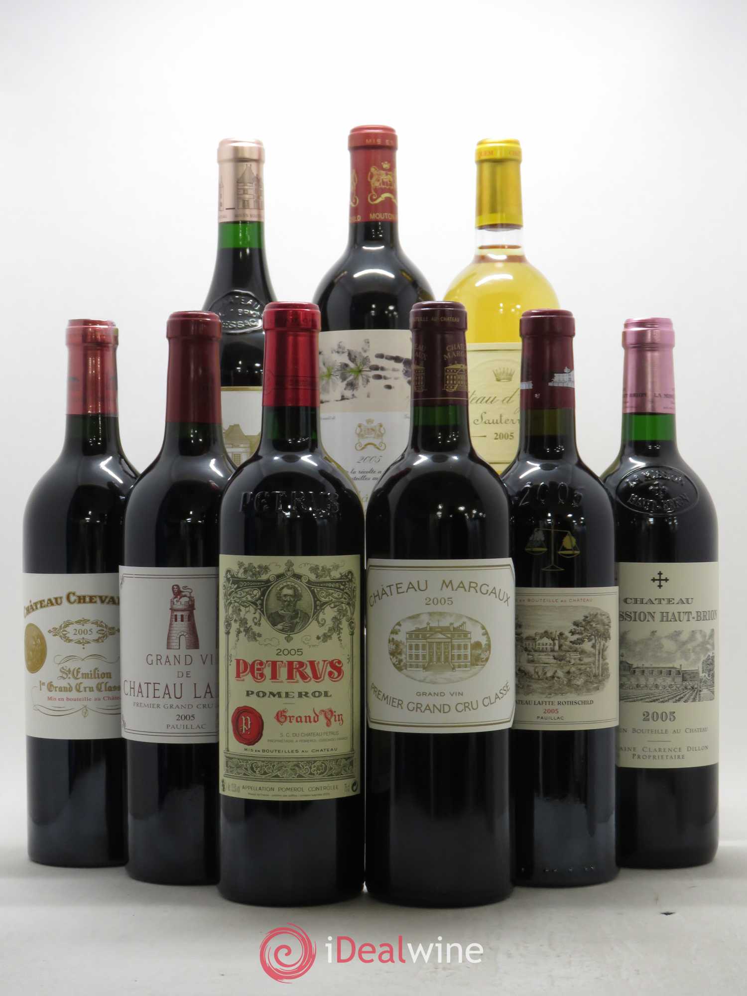 Caisse Collection Duclot 1 Mouton Rothschild - 1 Haut Brion - 1 Yquem - 1 Latour - 1 La Mission Haut Brion - 1 Margaux - 1 Petrus - 1 Cheval Blanc - 1 Lafite Rothschild 2005 - Posten von 9 Flaschen - 0