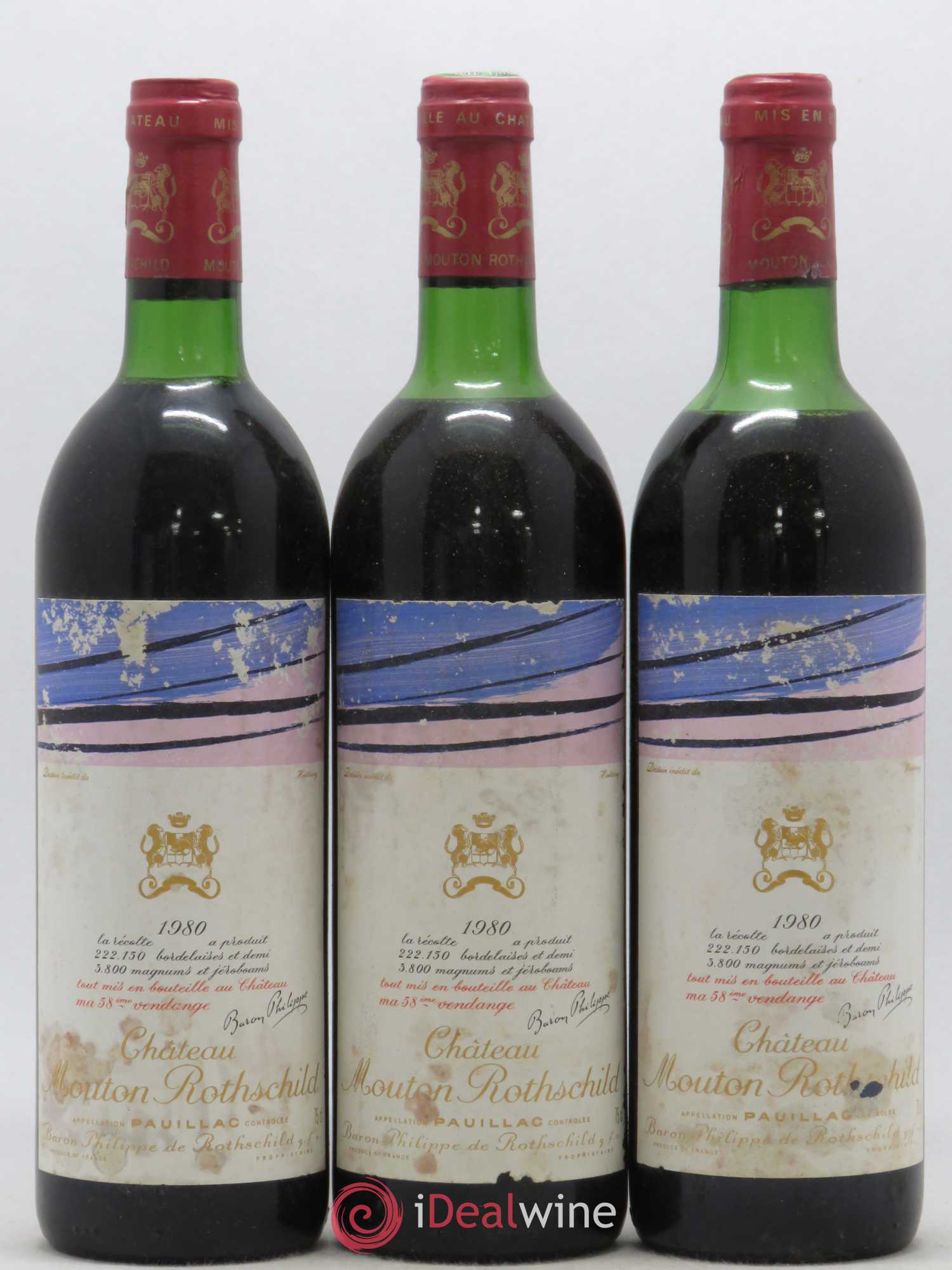 Château Mouton Rothschild 1er Grand Cru Classé 1980 - Lot de 3 bouteilles - 0