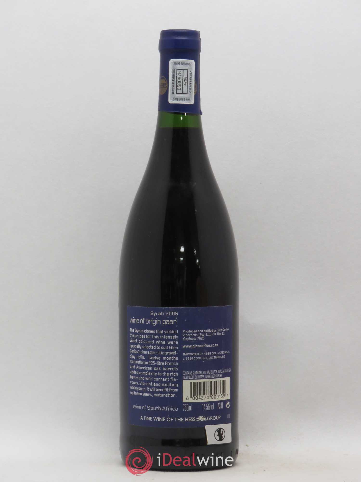 Vins Etrangers Afrique du Sud Glen Carlou Syrah Paarl 2006 - Posten von 1 Flasche - 1