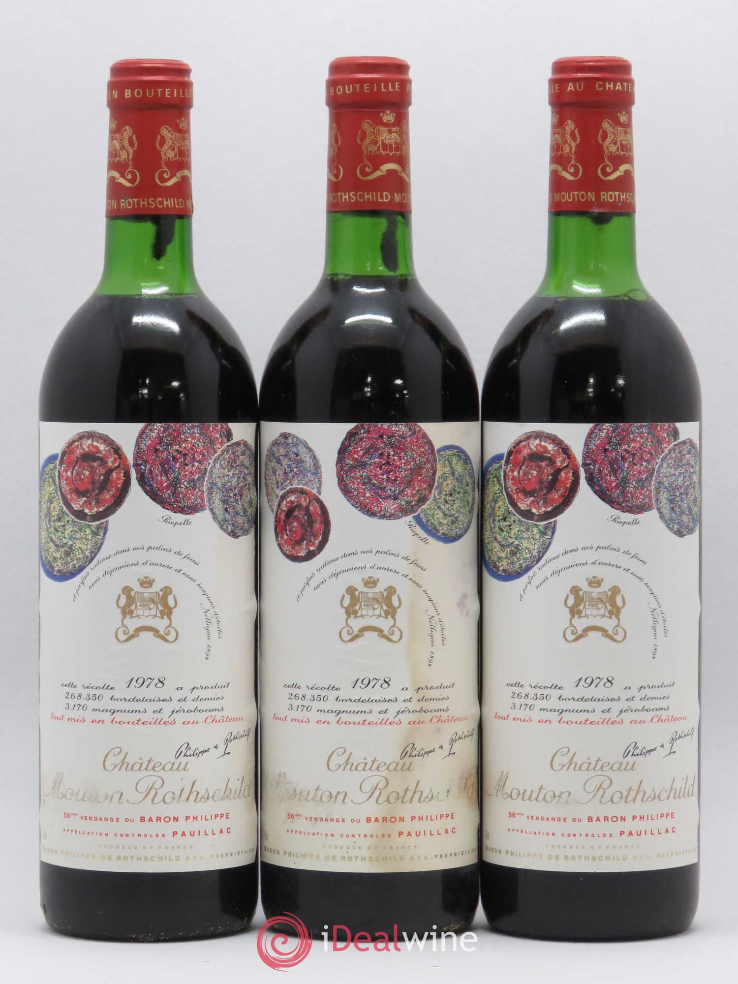 Château Mouton Rothschild 1er Grand Cru Classé 1978 - Lot de 3 bouteilles - 0