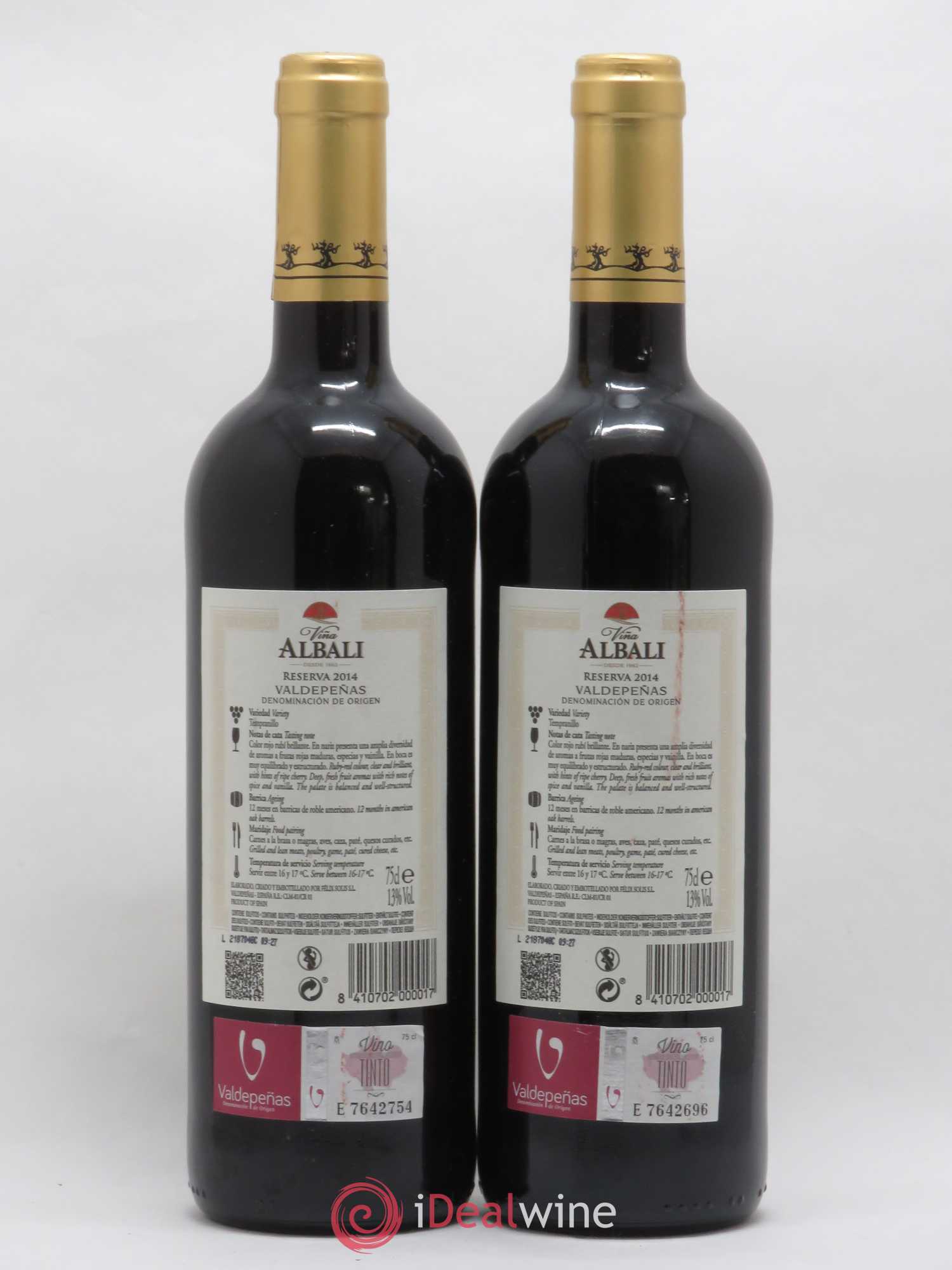 Espagne Valdepenas Reserva Albali (sans prix de réserve) 2014 - Lot de 2 bouteilles - 1