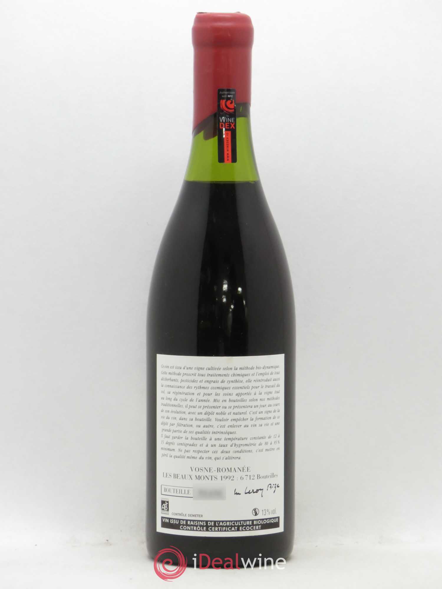 Vosne-Romanée 1er Cru Les Beaux-Monts Leroy (Domaine) 1992 - Lot de 1 bouteille - 1