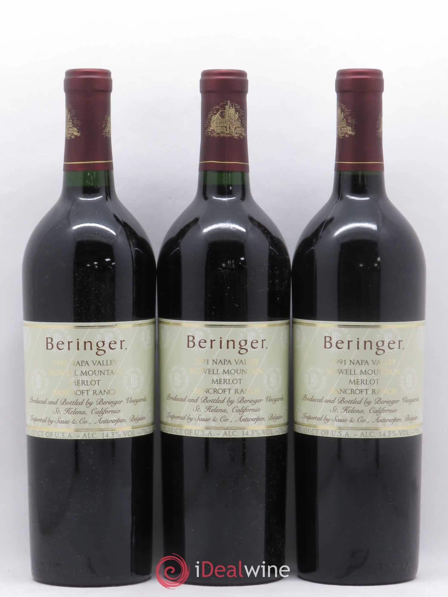 USA Napa Valley Howell Mountain Merlot Beringer 1991 - Posten von 3 Flaschen - 0
