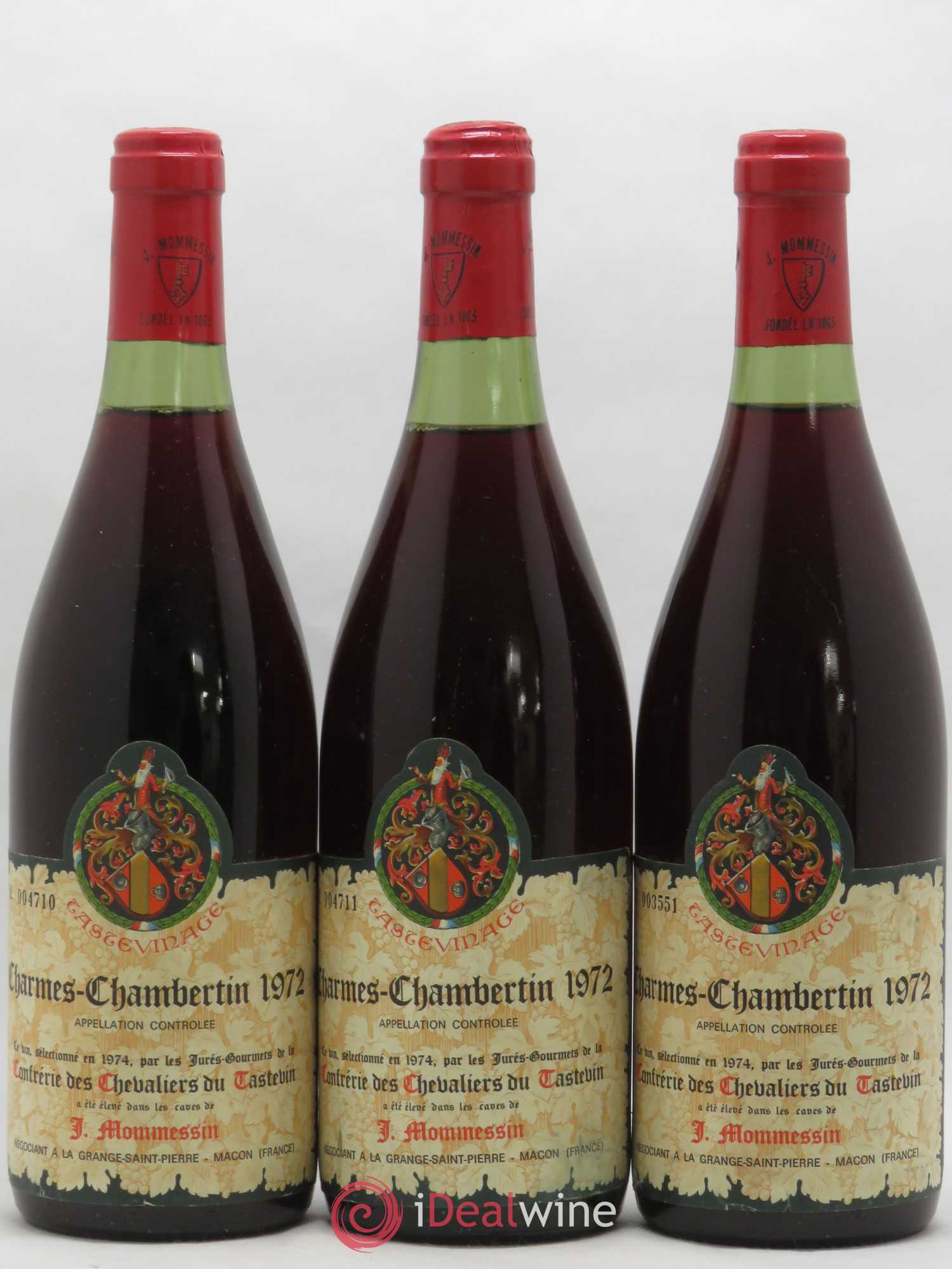 Charmes-Chambertin Grand Cru Confrérie des Chevaliers du Tastevin Mommessin Tastevinage 1972 - Lot de 3 bouteilles - 0
