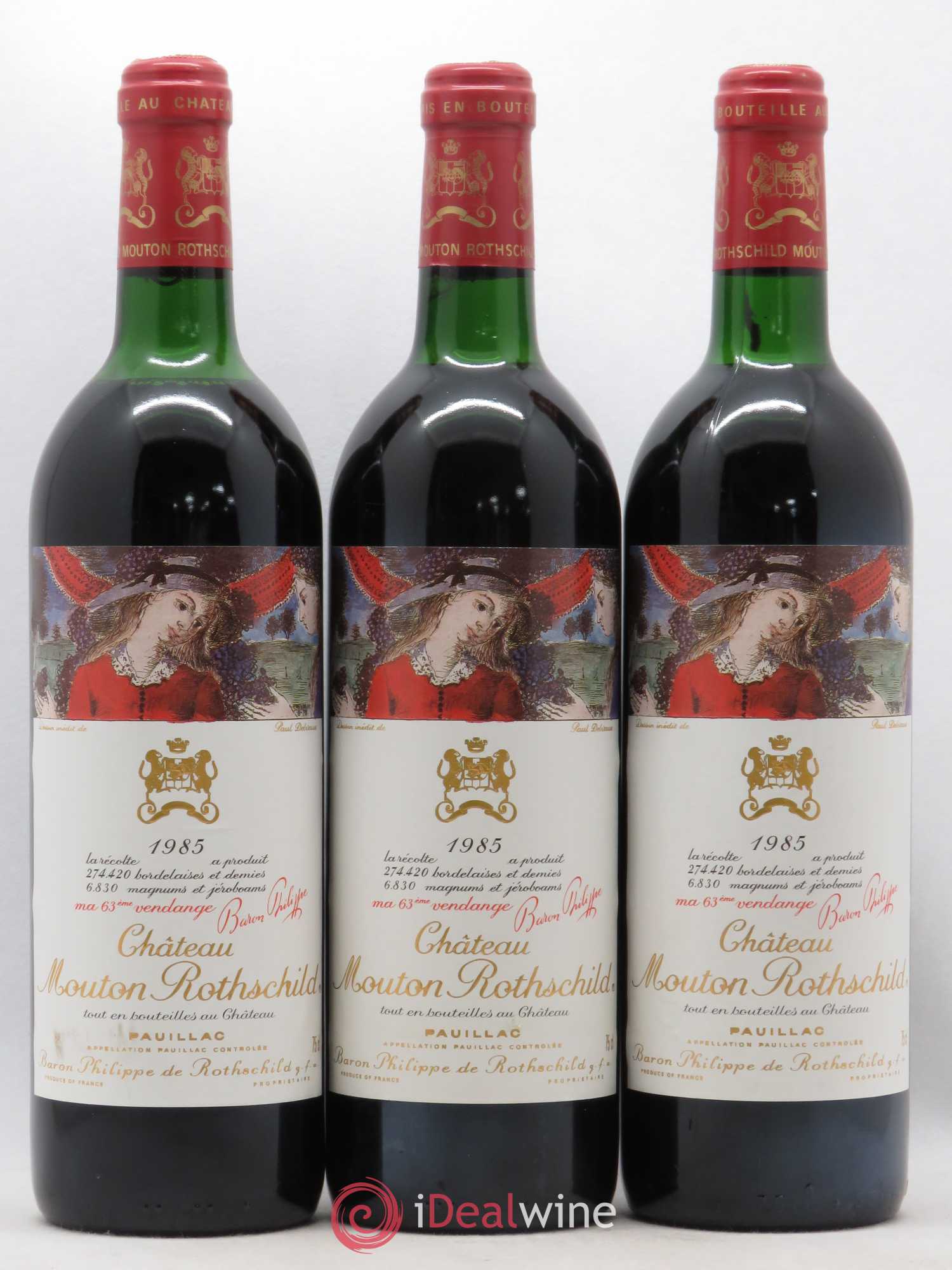 Château Mouton Rothschild 1er Grand Cru Classé 1985 - Lot de 3 bouteilles - 0
