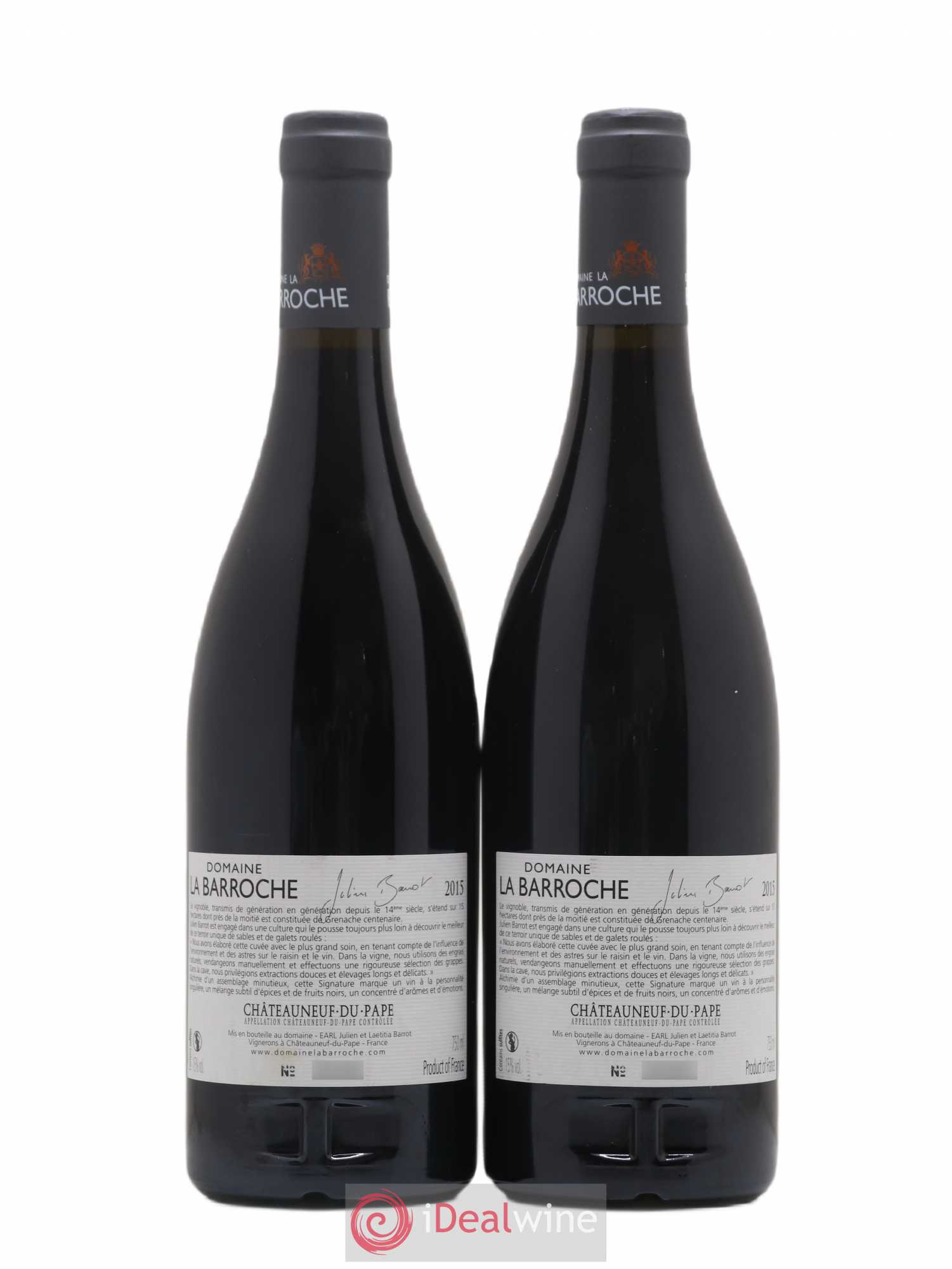 Châteauneuf-du-Pape La Barroche (Domaine de) Signature Julien Barrot (sans prix de réserve) 2015 - Lot de 2 bouteilles - 1