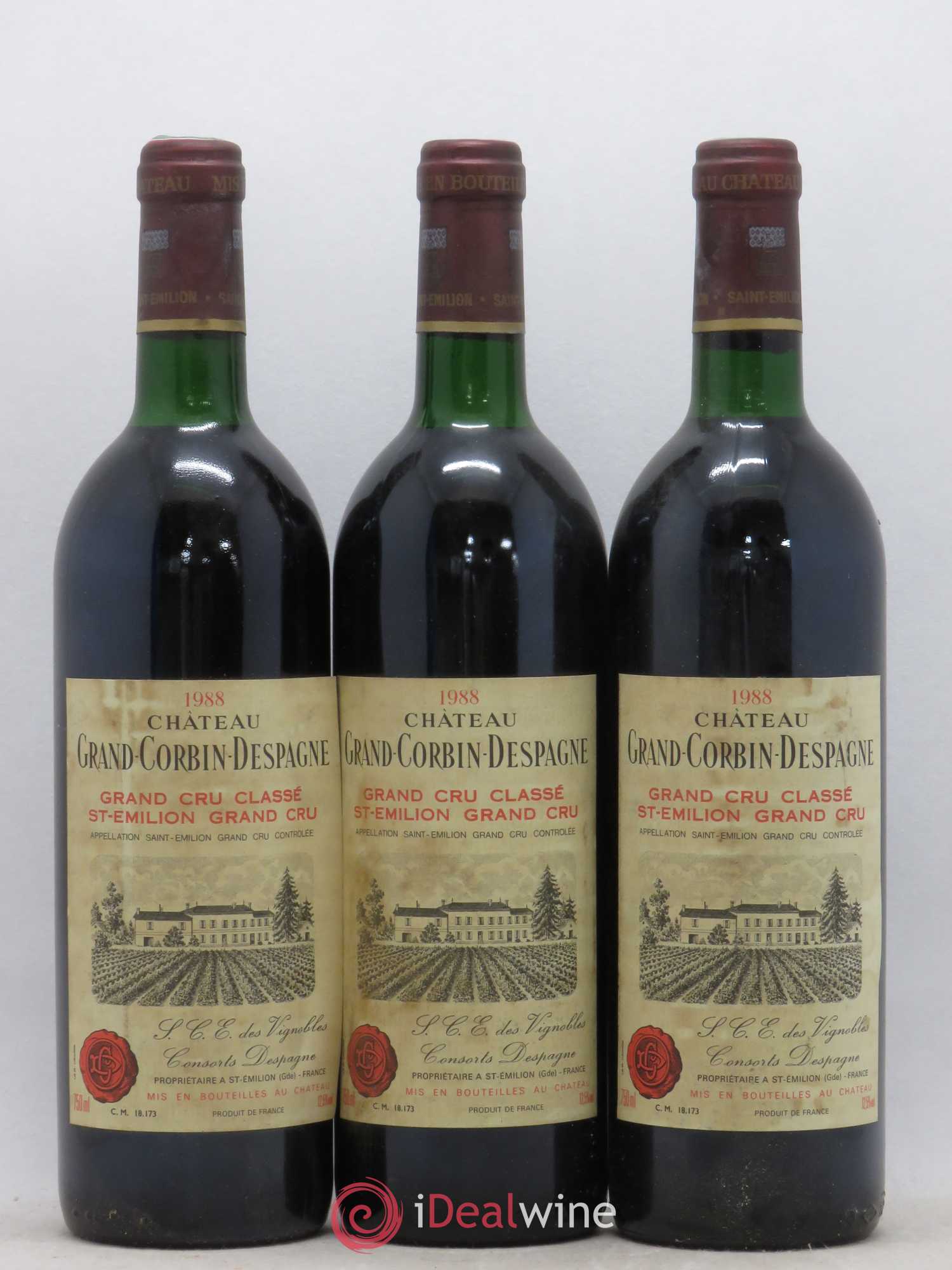 Château Grand Corbin Despagne Grand Cru Classé 1988 - Lot de 3 bouteilles - 0