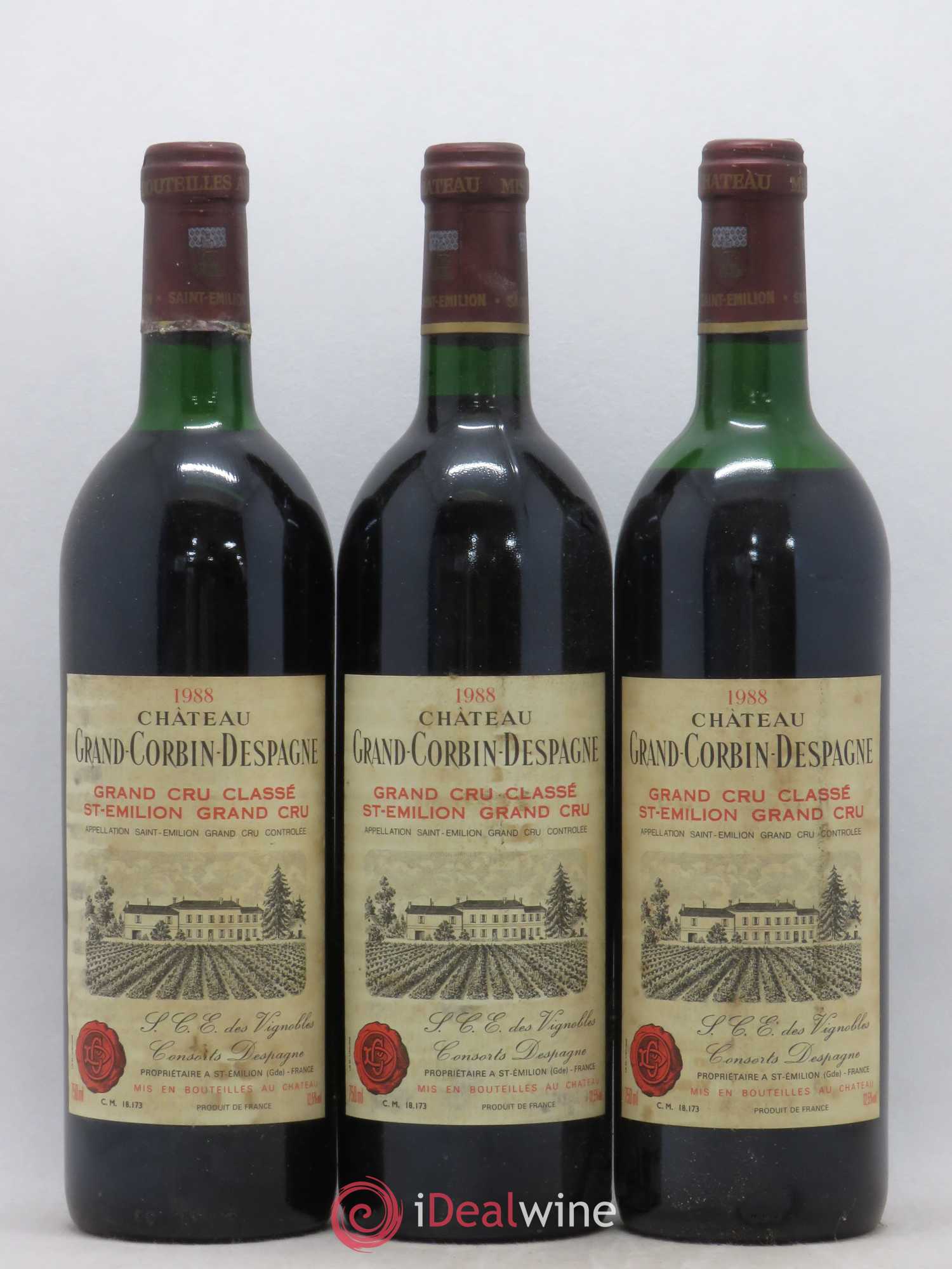 Château Grand Corbin Despagne Grand Cru Classé 1988 - Lot de 3 bouteilles - 0