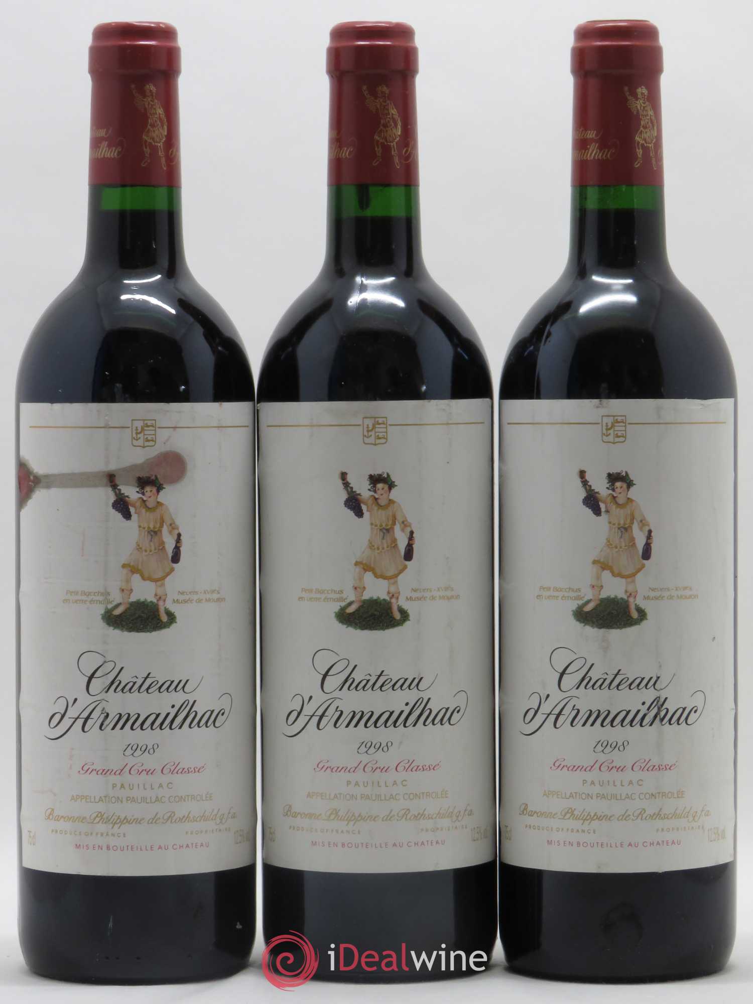 Château d' Armailhac - Mouton Baron(ne) Philippe 5ème Grand Cru Classé 1998 - Lot de 3 bouteilles - 0
