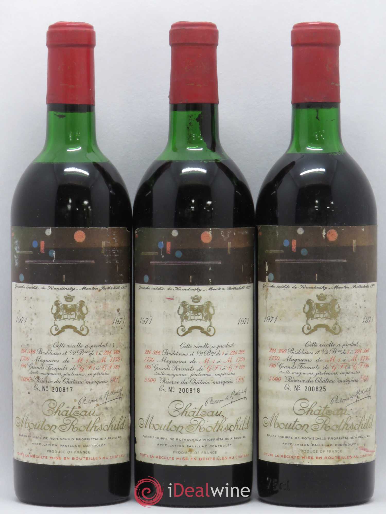 Château Mouton Rothschild 1er Grand Cru Classé 1971 - Lot de 3 bouteilles - 0