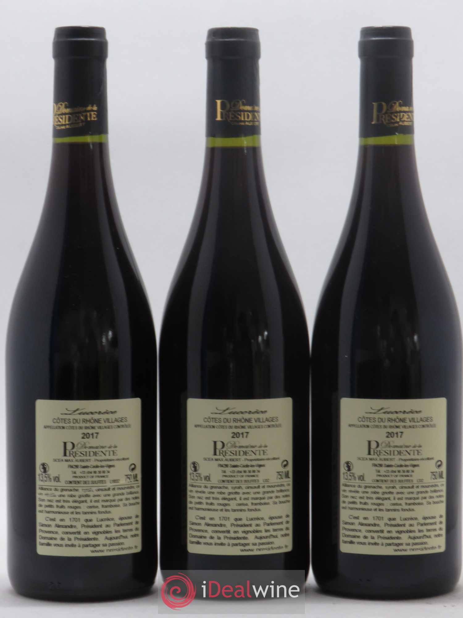 Côtes-du-Rhône Villages Lucrèce Domaine de la Présidente (sans prix de réserve) 2017 - Posten von 3 Flaschen - 1