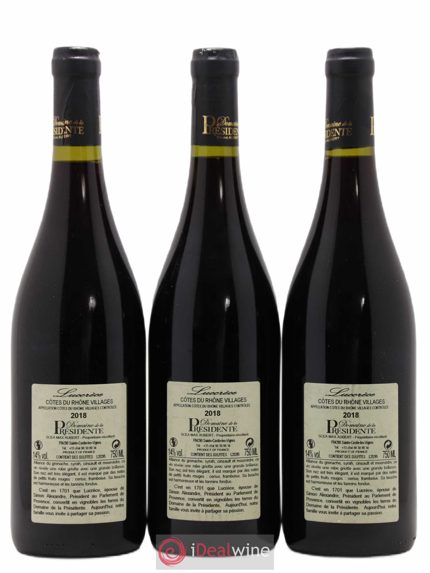 Côtes-du-Rhône Village Domaine De La Presidente Lucrece 2018 - Lot de 3 bouteilles - 1