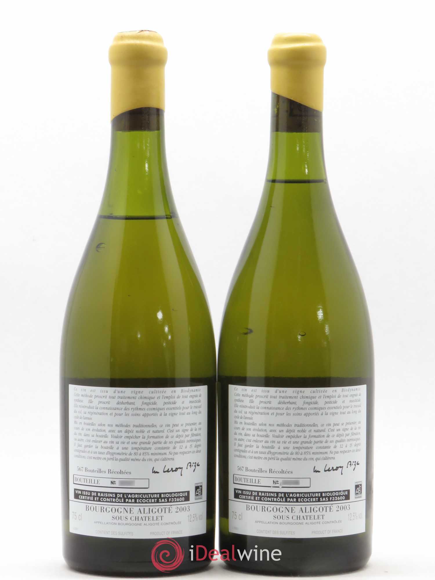 Bourgogne Aligoté Sous Chatelet d'Auvenay (Domaine) 2003 - Lot de 2 bouteilles - 1