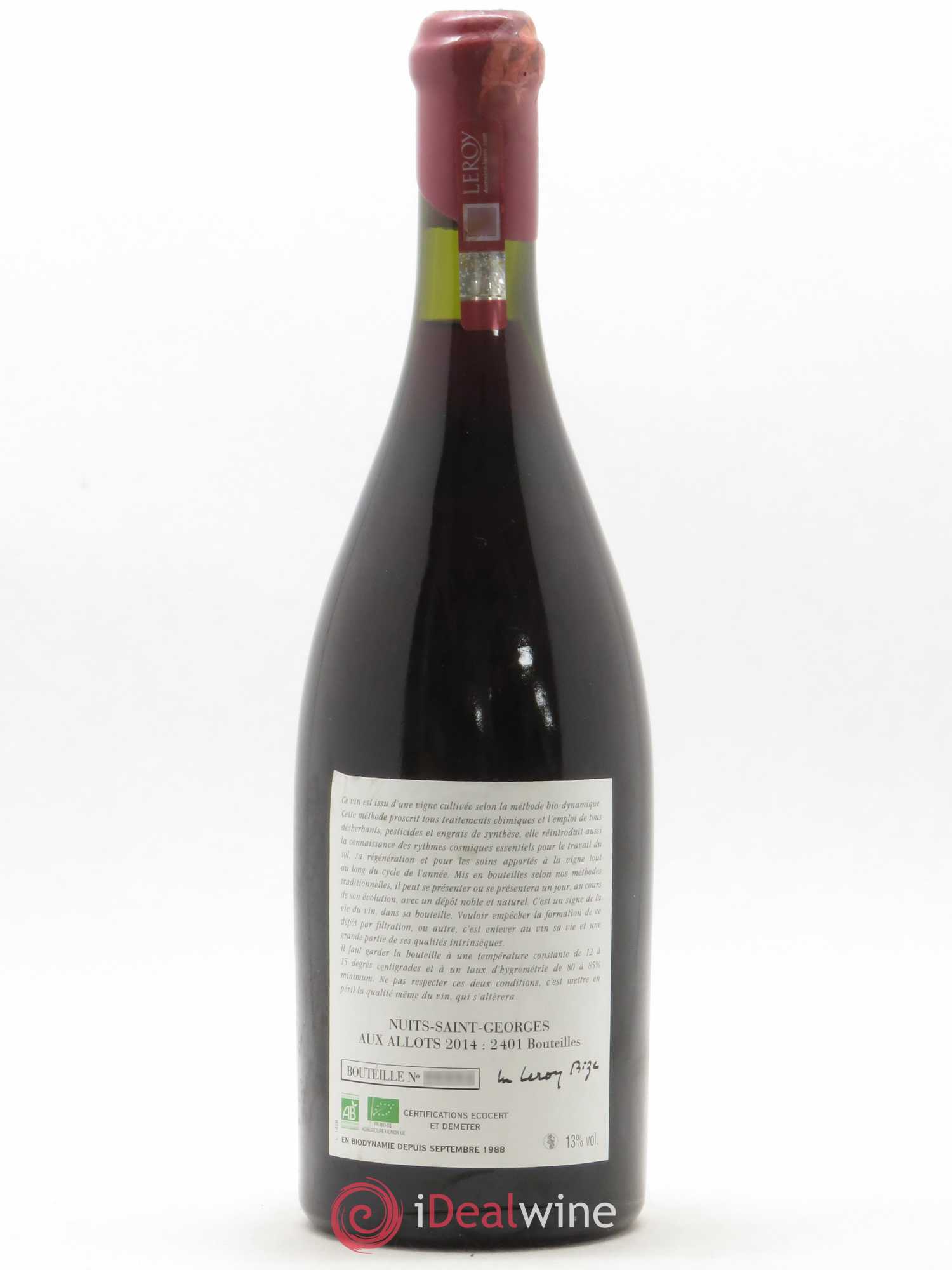 Nuits-Saint-Georges Aux Allots Leroy (Domaine) 2014 - Lot de 1 bouteille - 1