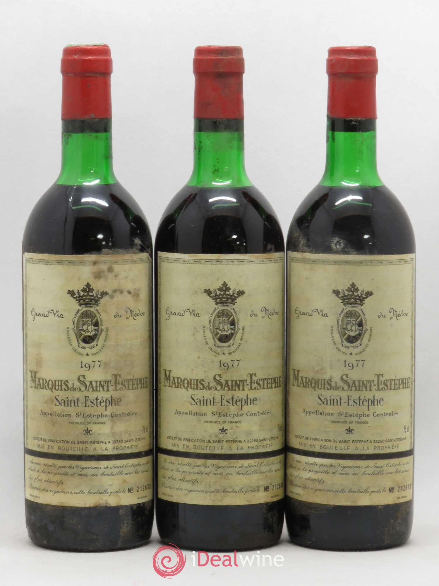 Marquis de Saint Estèphe (sans prix de réserve) 1977 - Lot de 3 bouteilles - 0