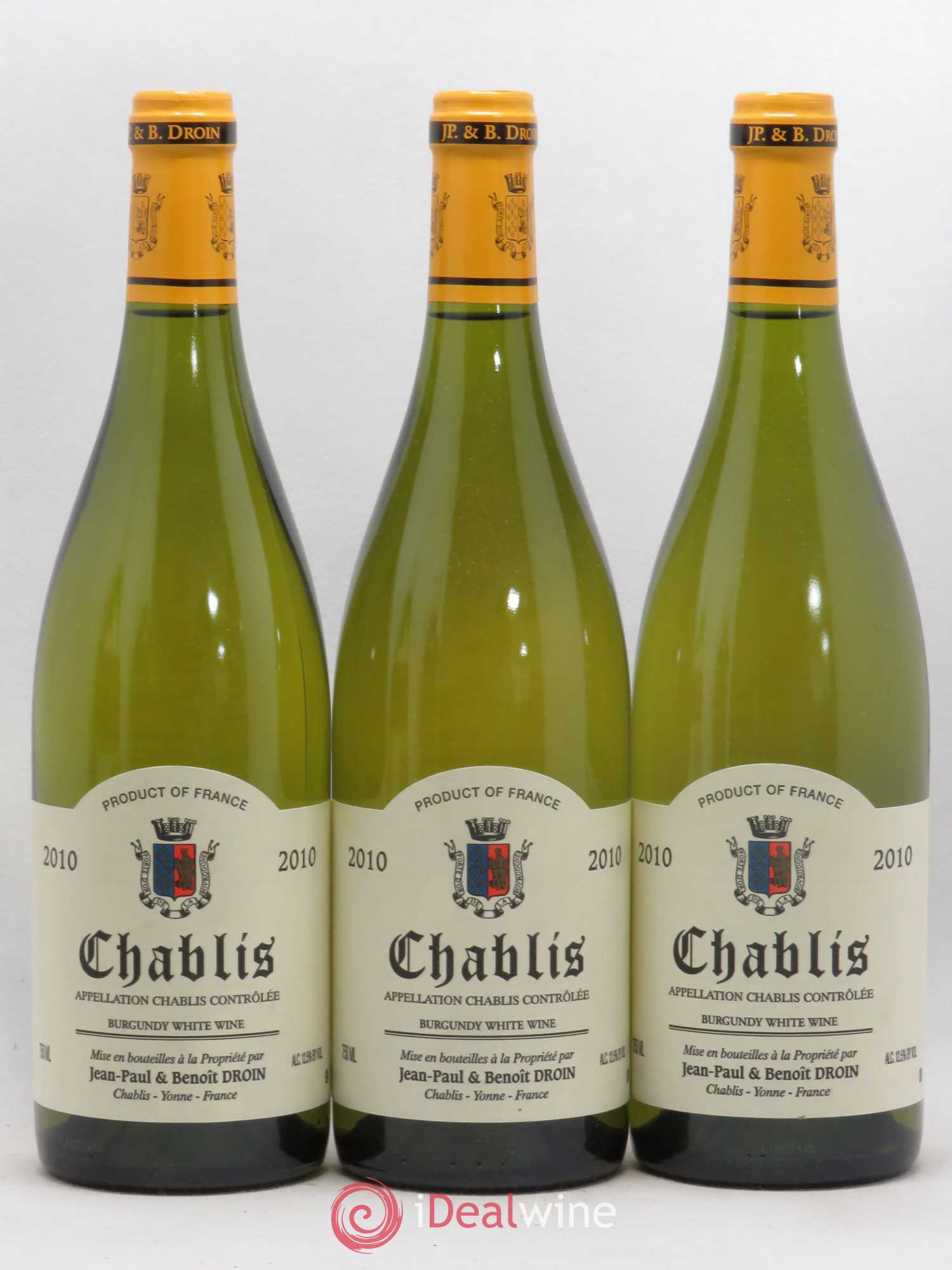 Chablis Jean-Paul & Benoît Droin (Domaine) (senza prezzo di riserva) 2010 - Lotto di 3 bottiglie - 0