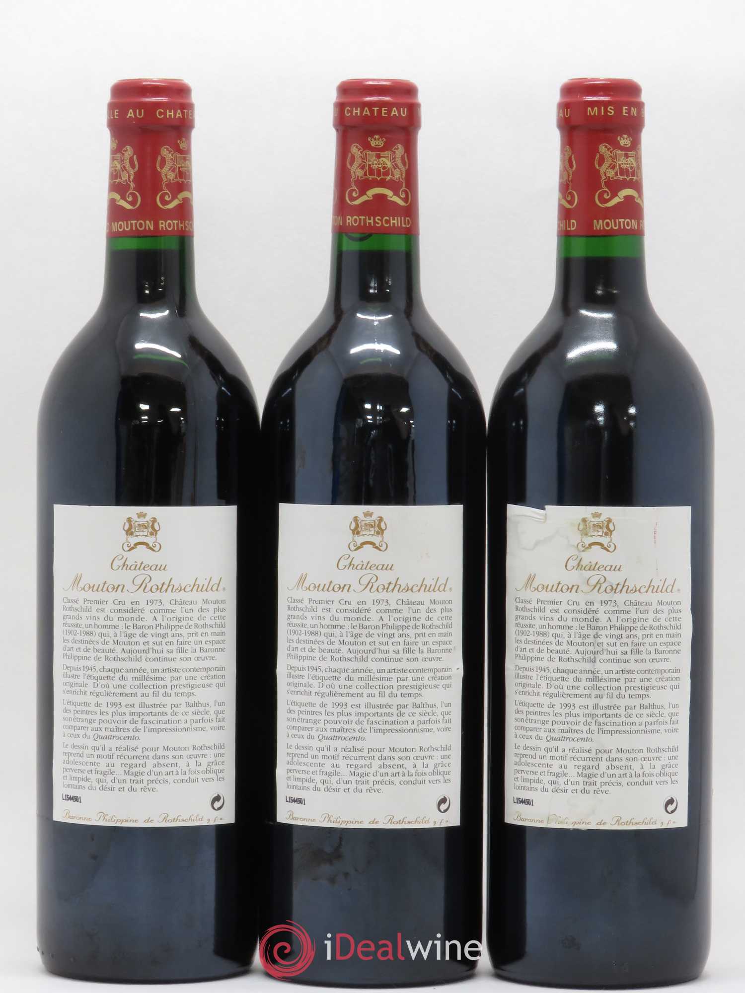 Château Mouton Rothschild 1er Grand Cru Classé 1993 - Lot de 3 bouteilles - 1