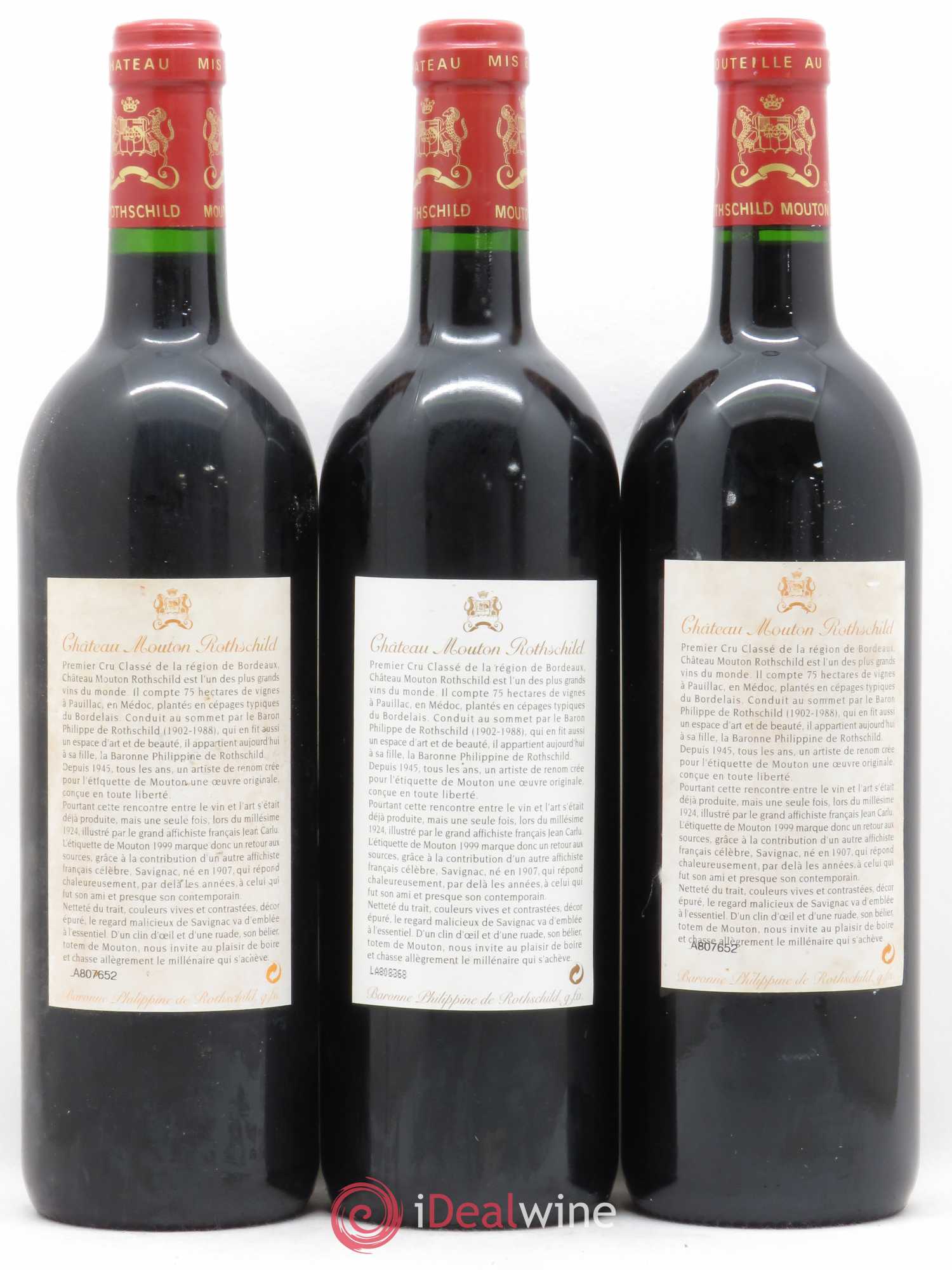 Château Mouton Rothschild 1er Grand Cru Classé 1999 - Lot de 3 bouteilles - 1
