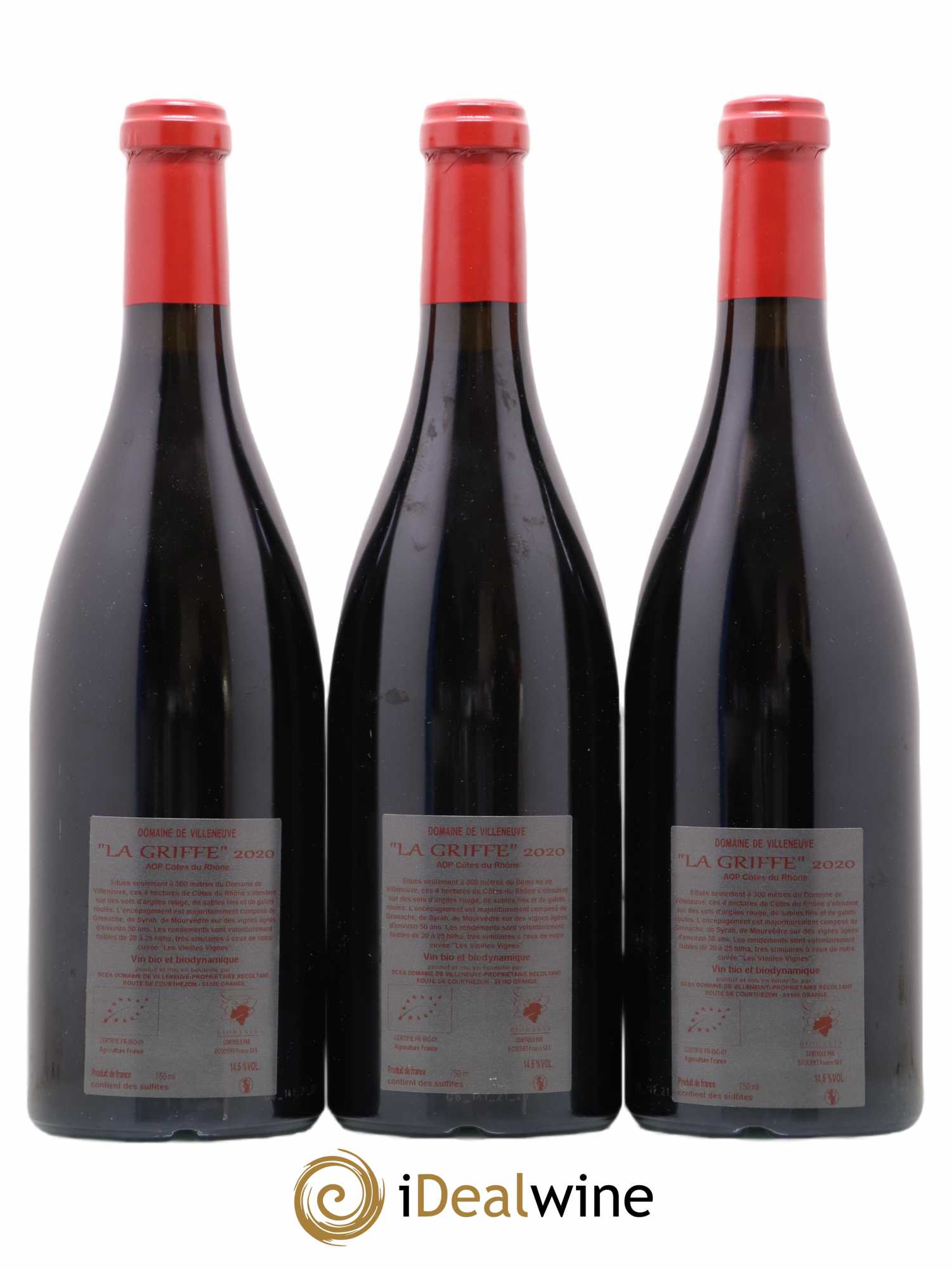 Côtes-du-Rhône La Griffe Domaine de Villeneuve 2020 - Lot de 3 bouteilles - 1