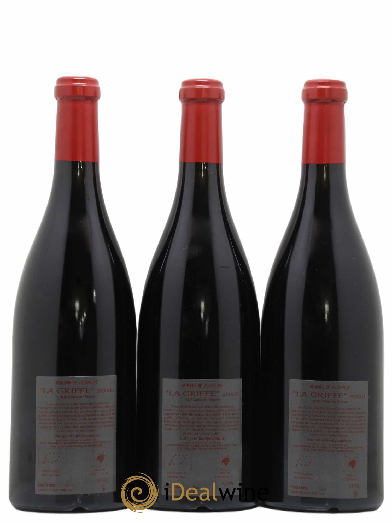 Côtes-du-Rhône La Griffe Domaine de Villeneuve 2020 - Lot de 3 bouteilles - 1