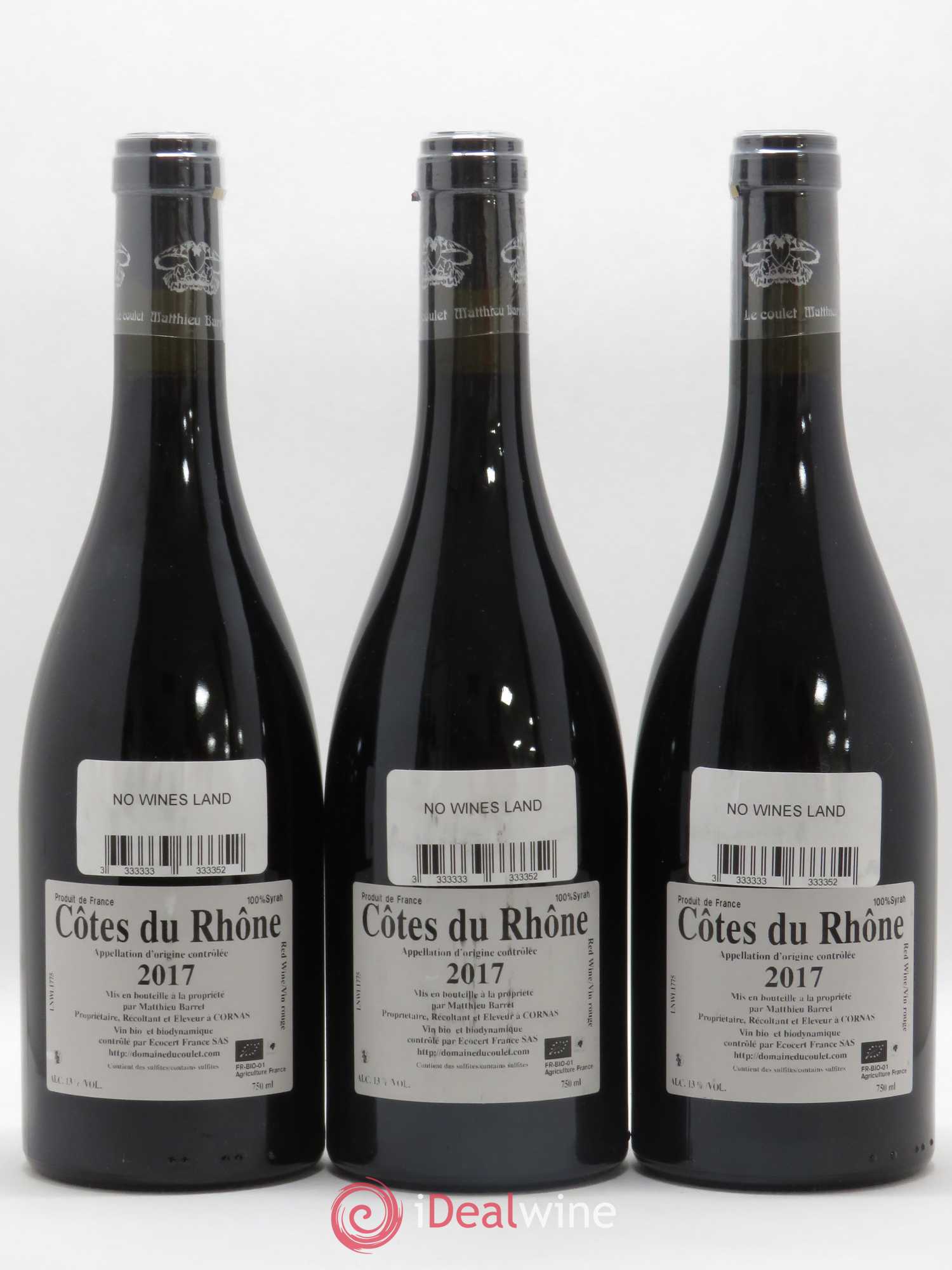 Côtes-du-Rhône No Wine's Land Coulet (Domaine du) - Matthieu Barret 2017 - Lot de 3 bouteilles - 1