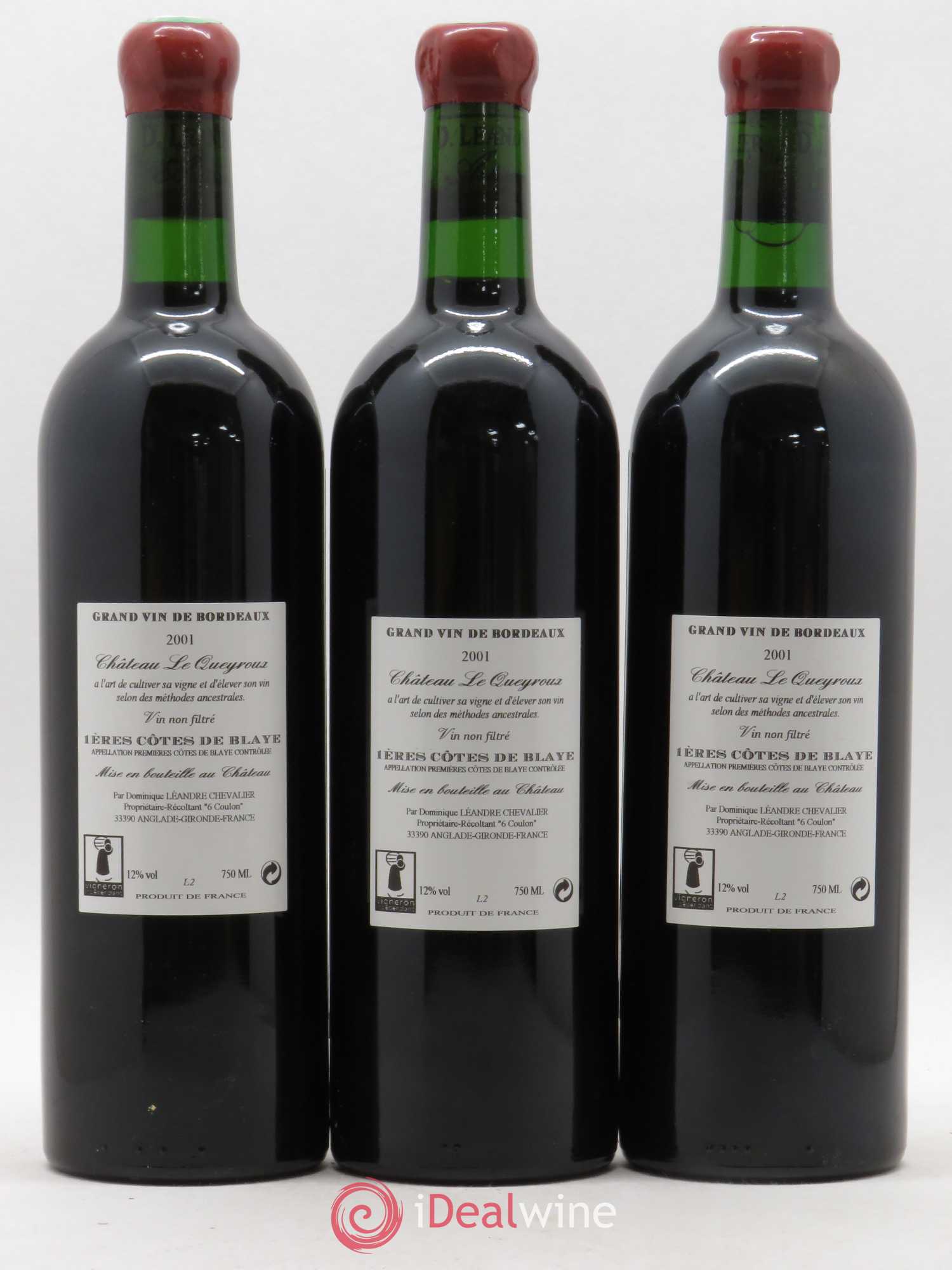 Premières-Côtes-de-Blaye (Blaye-Côtes-de-Bordeaux) Le Joyau du Château Le Queyroux 2001 - Lot of 3 bottles - 1